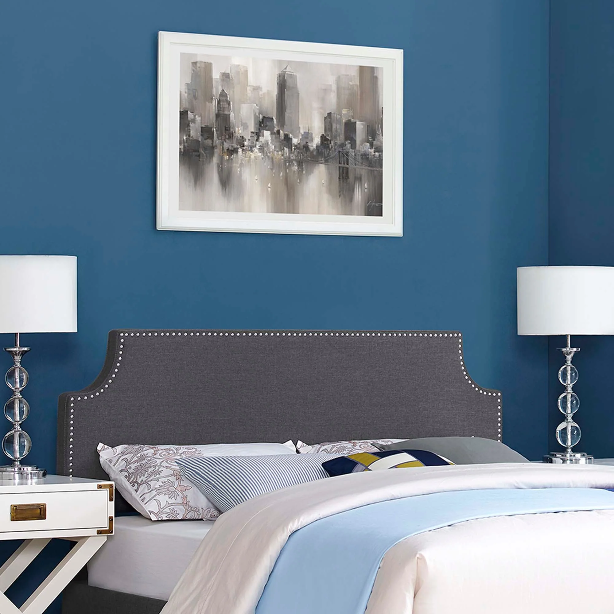 Upholstered Fabric Headboard with Nail Button Trim - Image 14