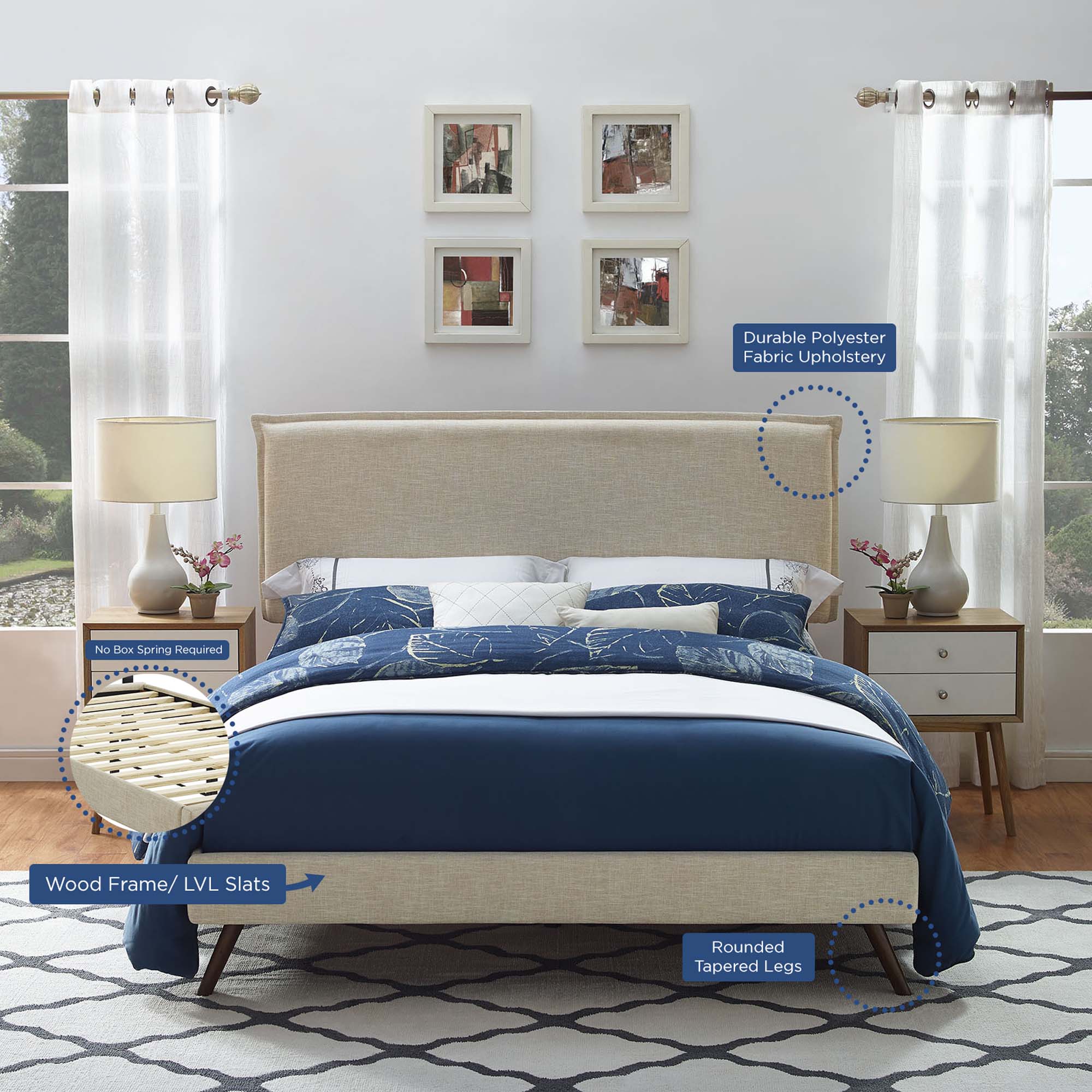 Upholstered Fabric Platform Bed with Round Splayed Legs - Image 10