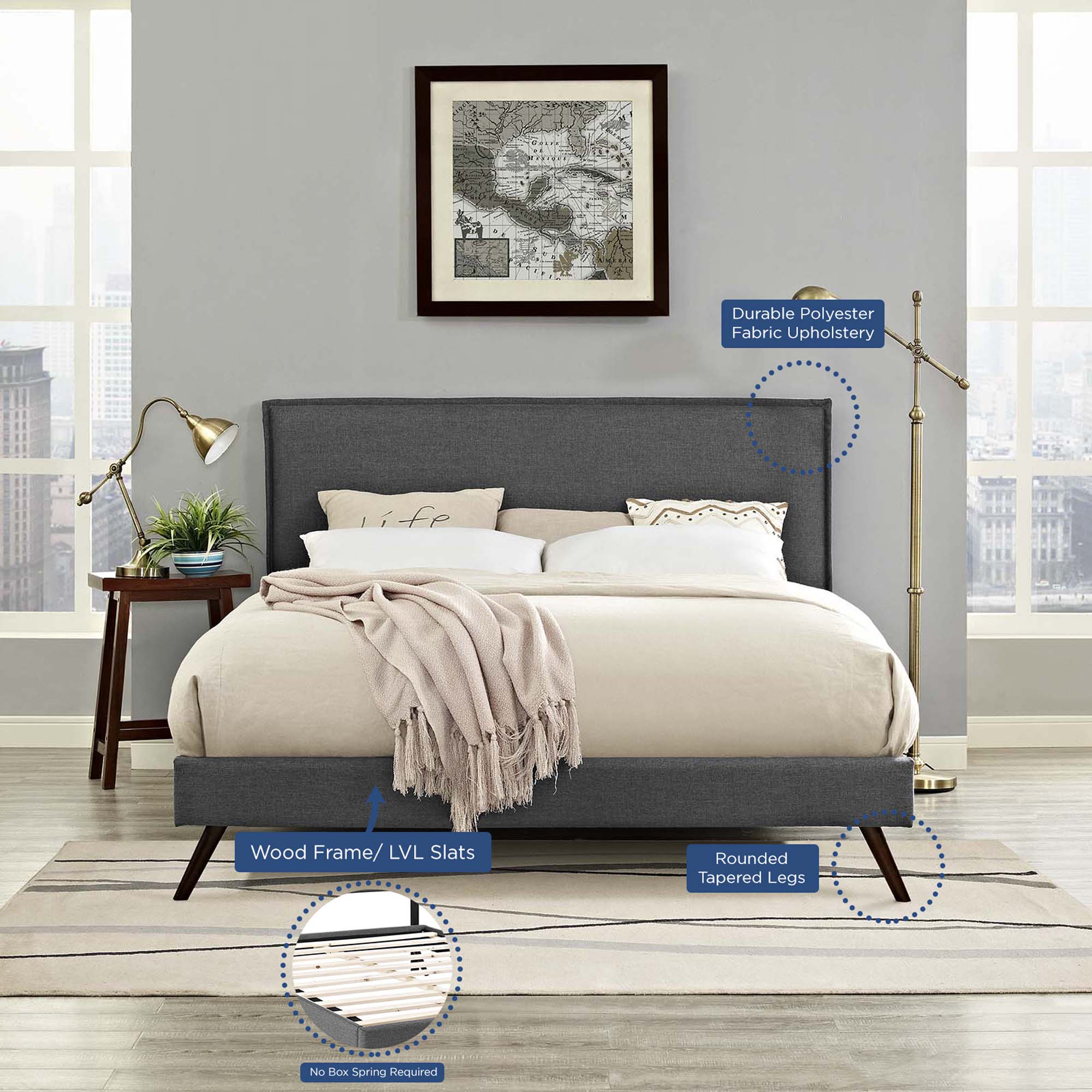 Upholstered Fabric Platform Bed with Round Splayed Legs - Image 15