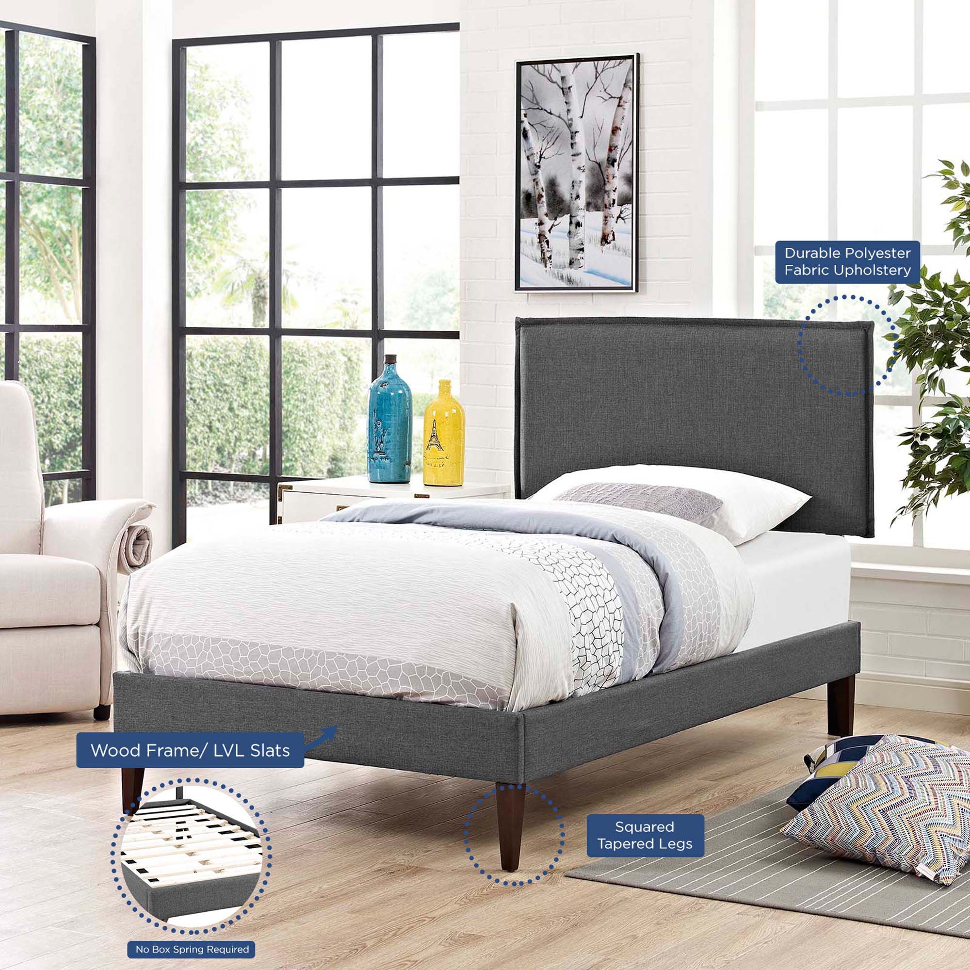 Upholstered Fabric Platform Bed with Squared Tapered Legs - Image 2