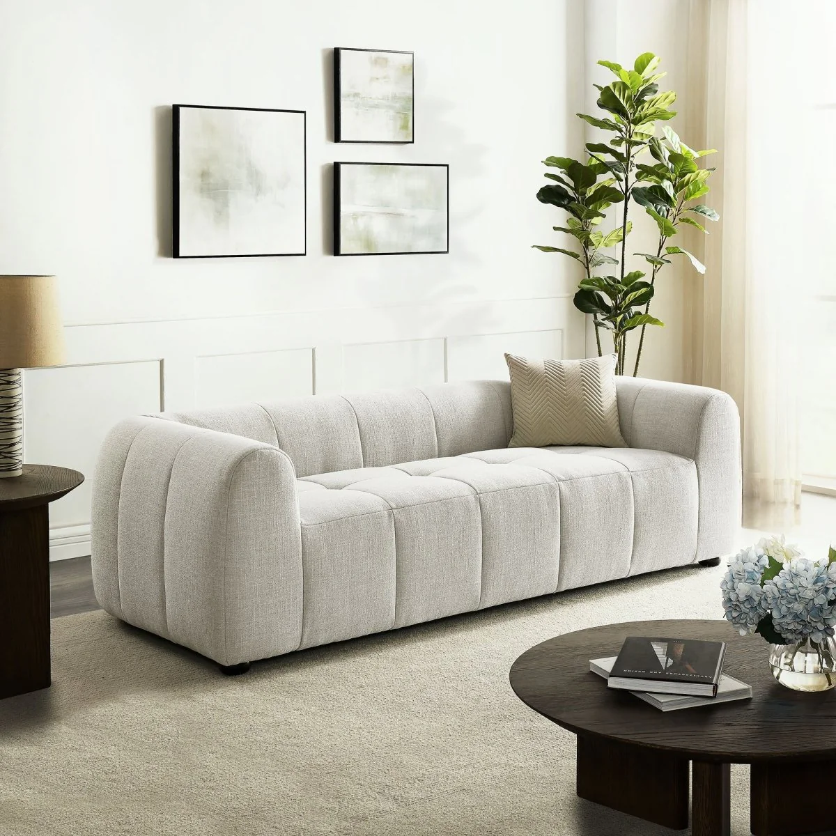 Upholstered Fabric Sofa with Grid Stitching and Deep Seating - Image 12