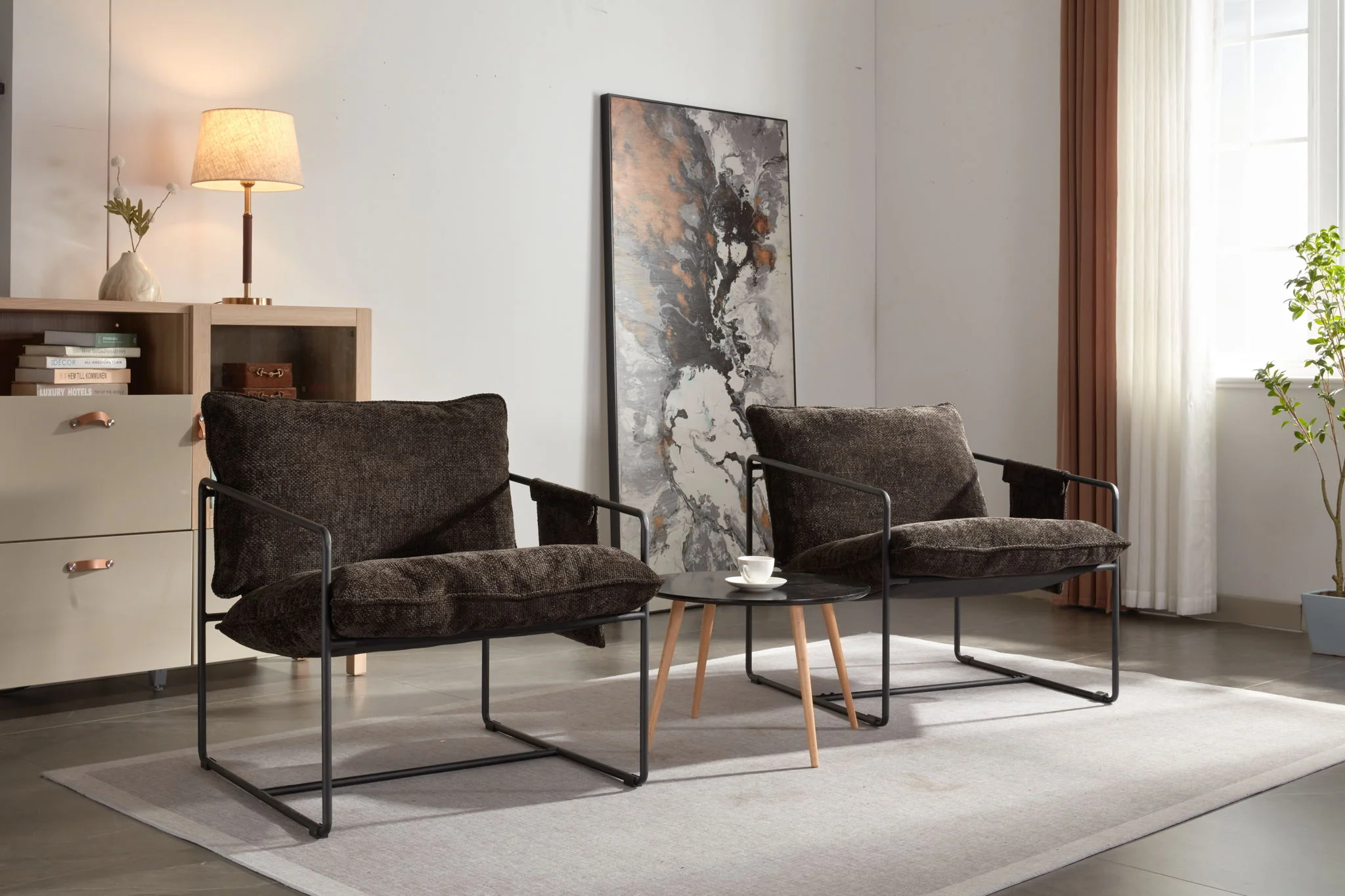 Upholstered Hanging Armchair With Arm Pocket Metal Frame (Set of 2), Crushed Foam Cushions And Skin-Friendly Braid For Living Room And Bedroom - Image 3