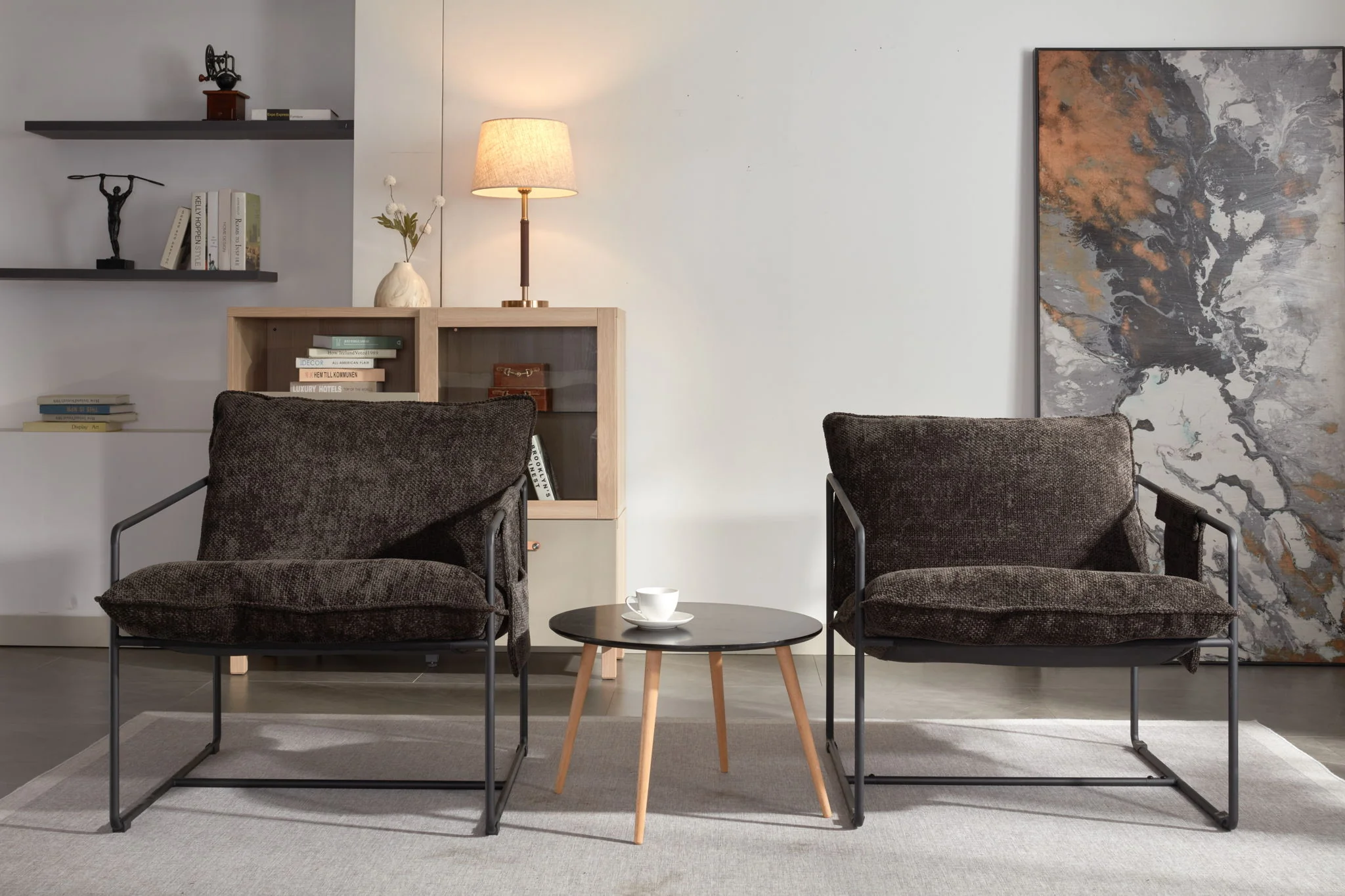 Upholstered Hanging Armchair With Arm Pocket Metal Frame (Set of 2), Crushed Foam Cushions And Skin-Friendly Braid For Living Room And Bedroom - Image 8