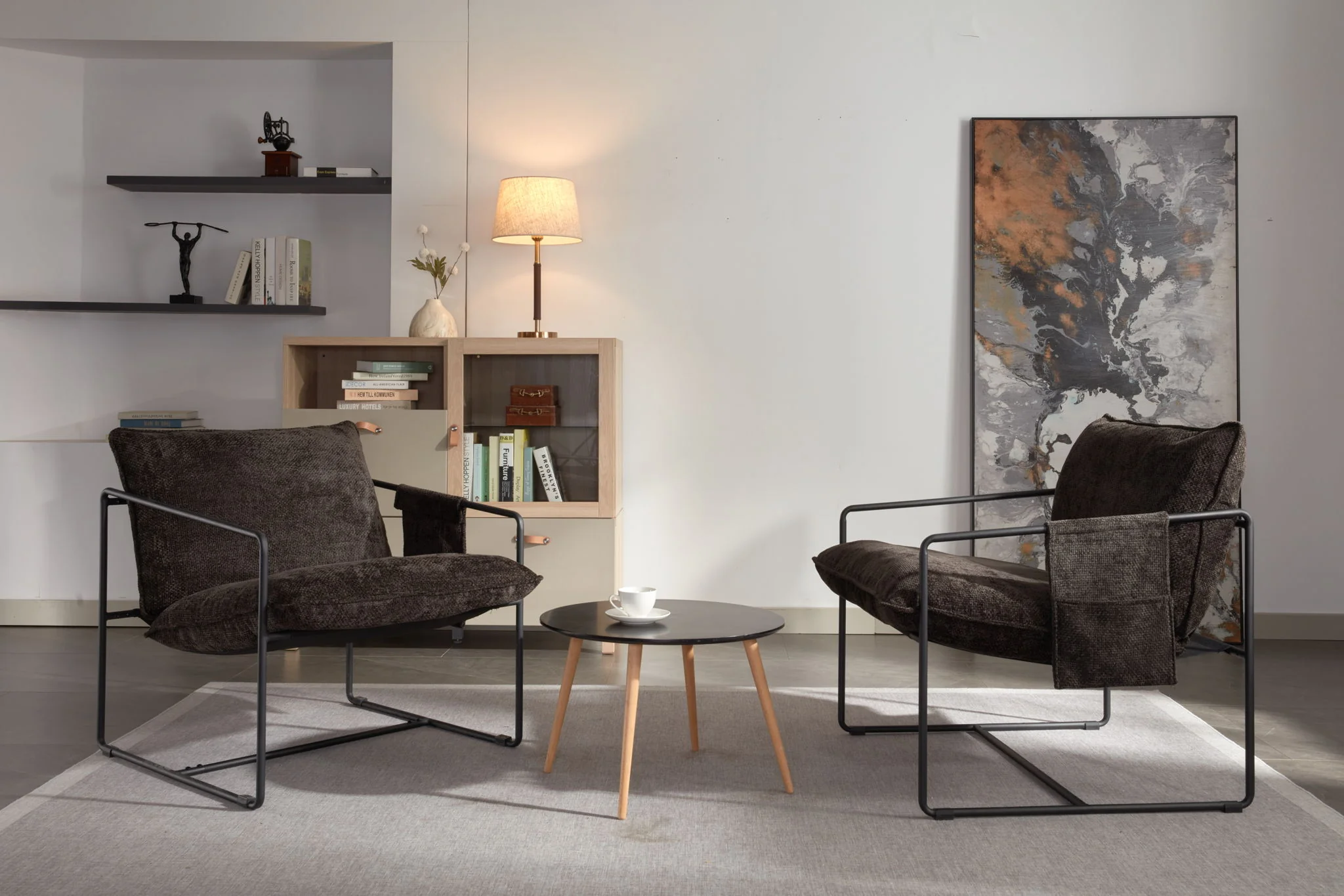 Upholstered Hanging Armchair With Arm Pocket Metal Frame (Set of 2), Crushed Foam Cushions And Skin-Friendly Braid For Living Room And Bedroom - Image 9