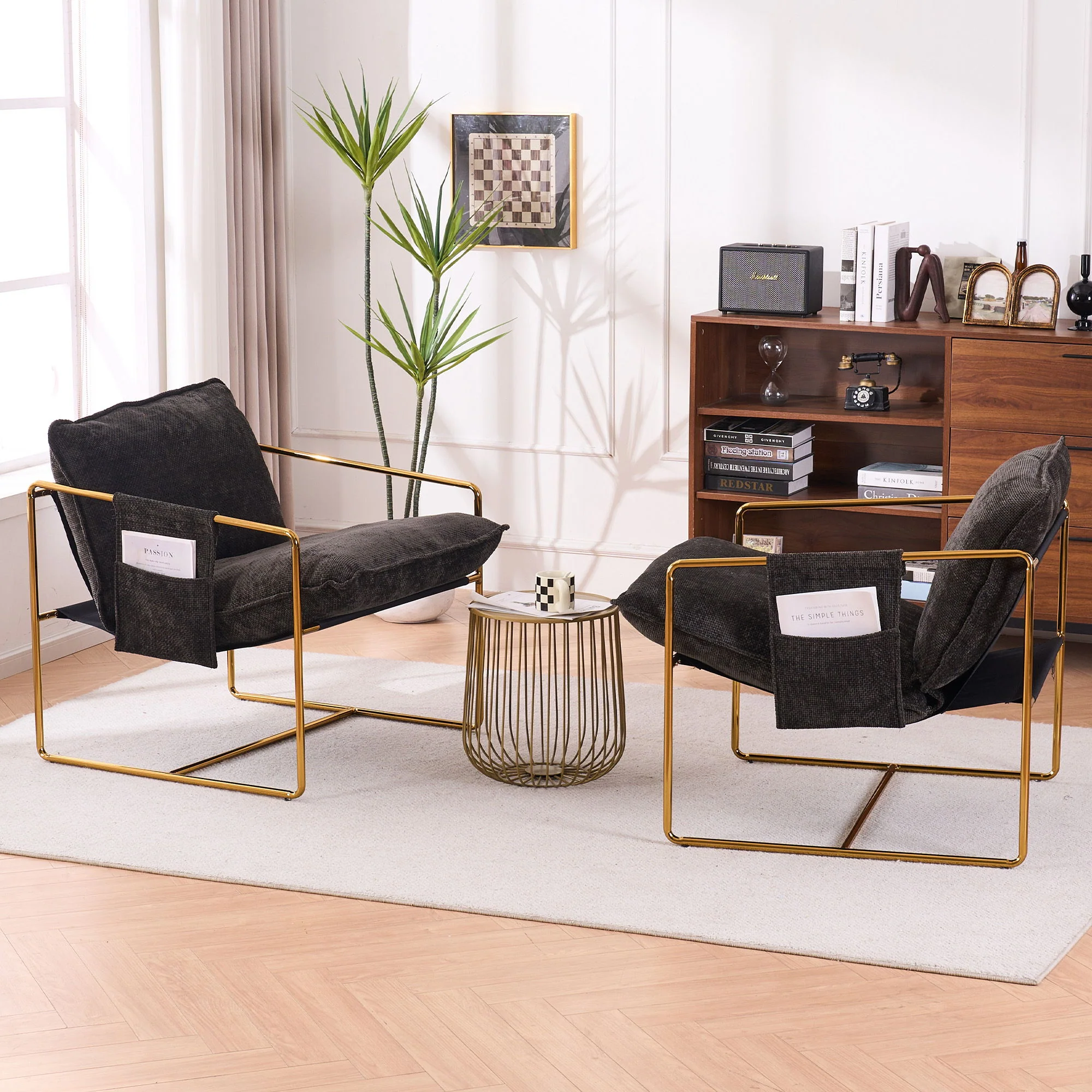 Upholstered Hanging Armchair With Arm Pocketsmetal Frame (Set of 2), Plated Craftsmanship, Crushed Foam Cushions And Skin-Friendly Woven Fabric For Living Room And Bedroom - Image 2