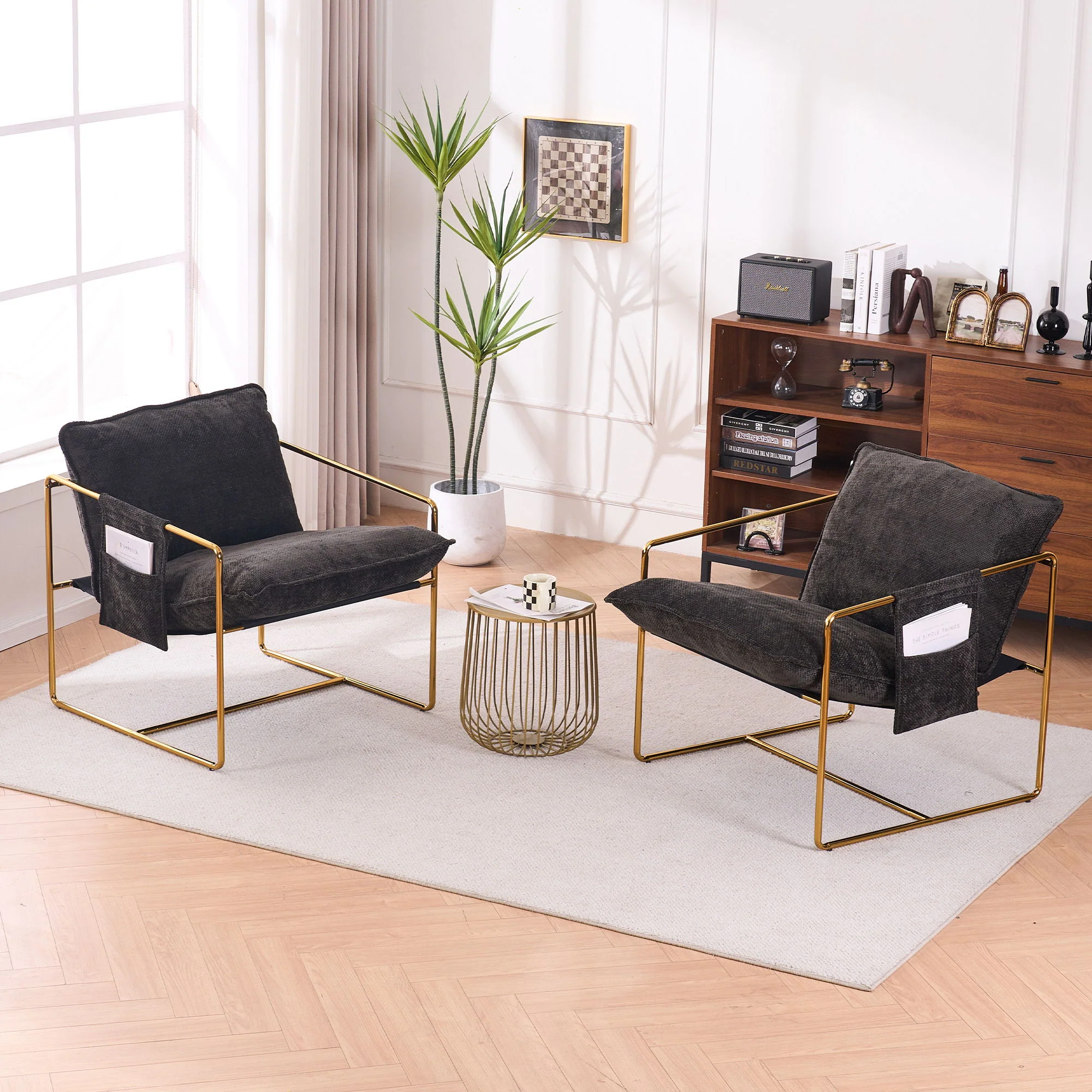 Upholstered Hanging Armchair With Arm Pocketsmetal Frame (Set of 2), Plated Craftsmanship, Crushed Foam Cushions And Skin-Friendly Woven Fabric For Living Room And Bedroom - Image 3
