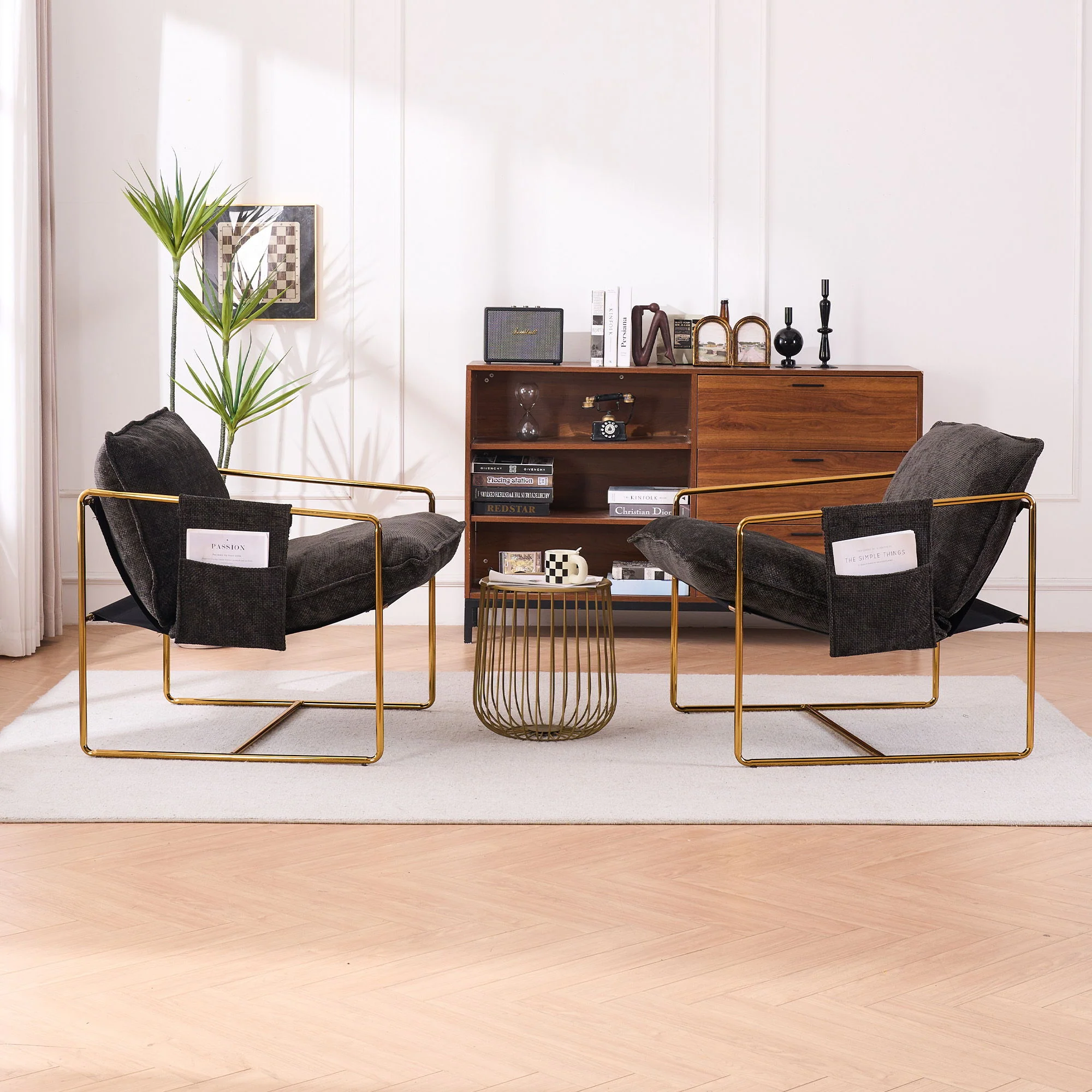 Upholstered Hanging Armchair With Arm Pocketsmetal Frame (Set of 2), Plated Craftsmanship, Crushed Foam Cushions And Skin-Friendly Woven Fabric For Living Room And Bedroom - Image 5
