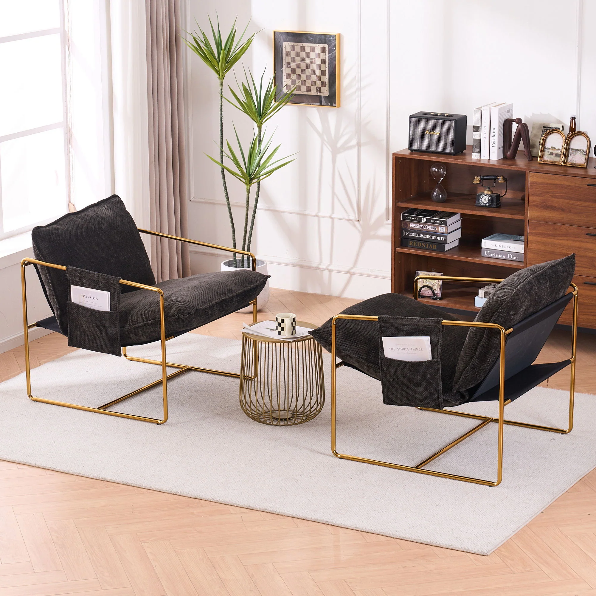 Upholstered Hanging Armchair With Arm Pocketsmetal Frame (Set of 2), Plated Craftsmanship, Crushed Foam Cushions And Skin-Friendly Woven Fabric For Living Room And Bedroom - Image 6