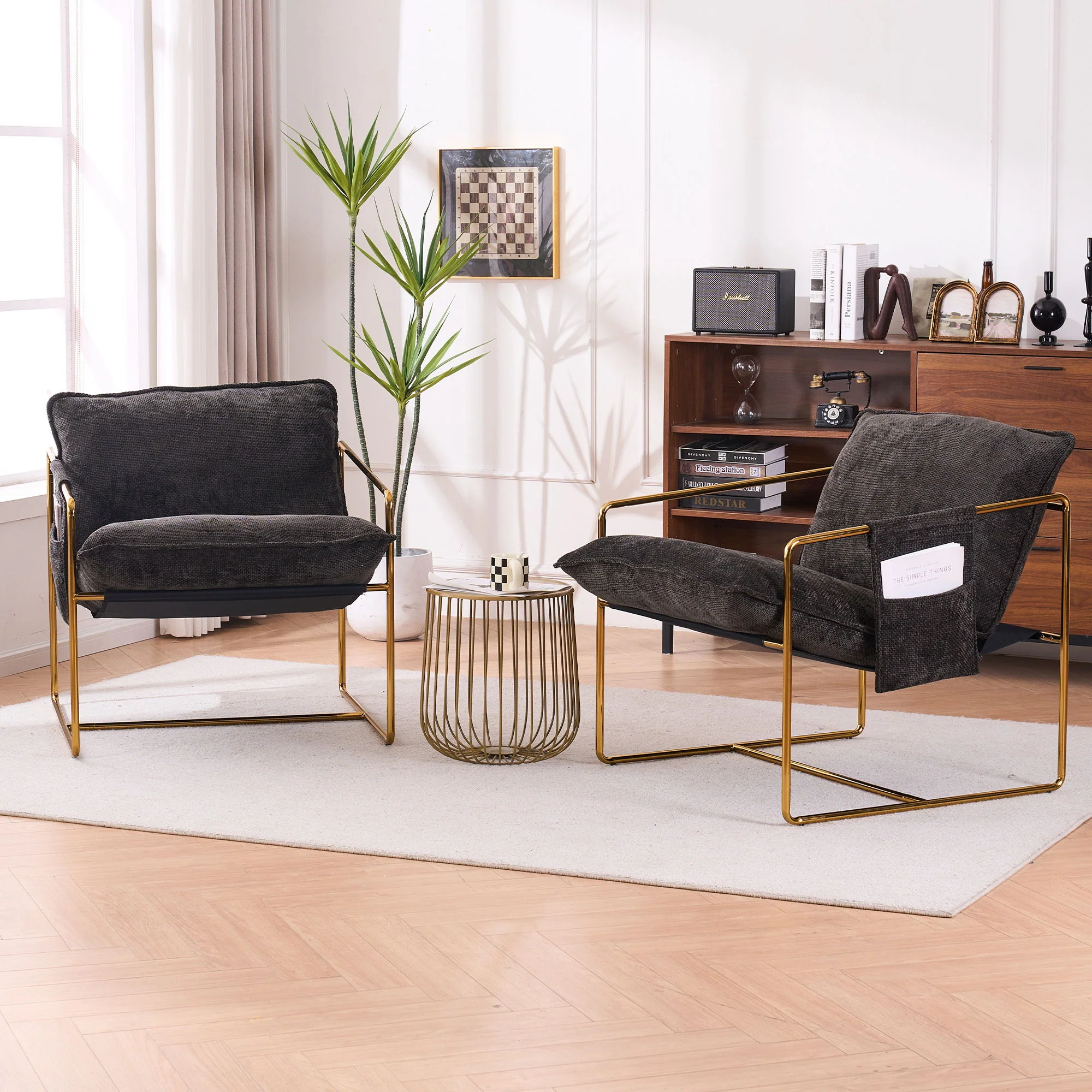 Upholstered Hanging Armchair With Arm Pocketsmetal Frame (Set of 2), Plated Craftsmanship, Crushed Foam Cushions And Skin-Friendly Woven Fabric For Living Room And Bedroom - Image 7