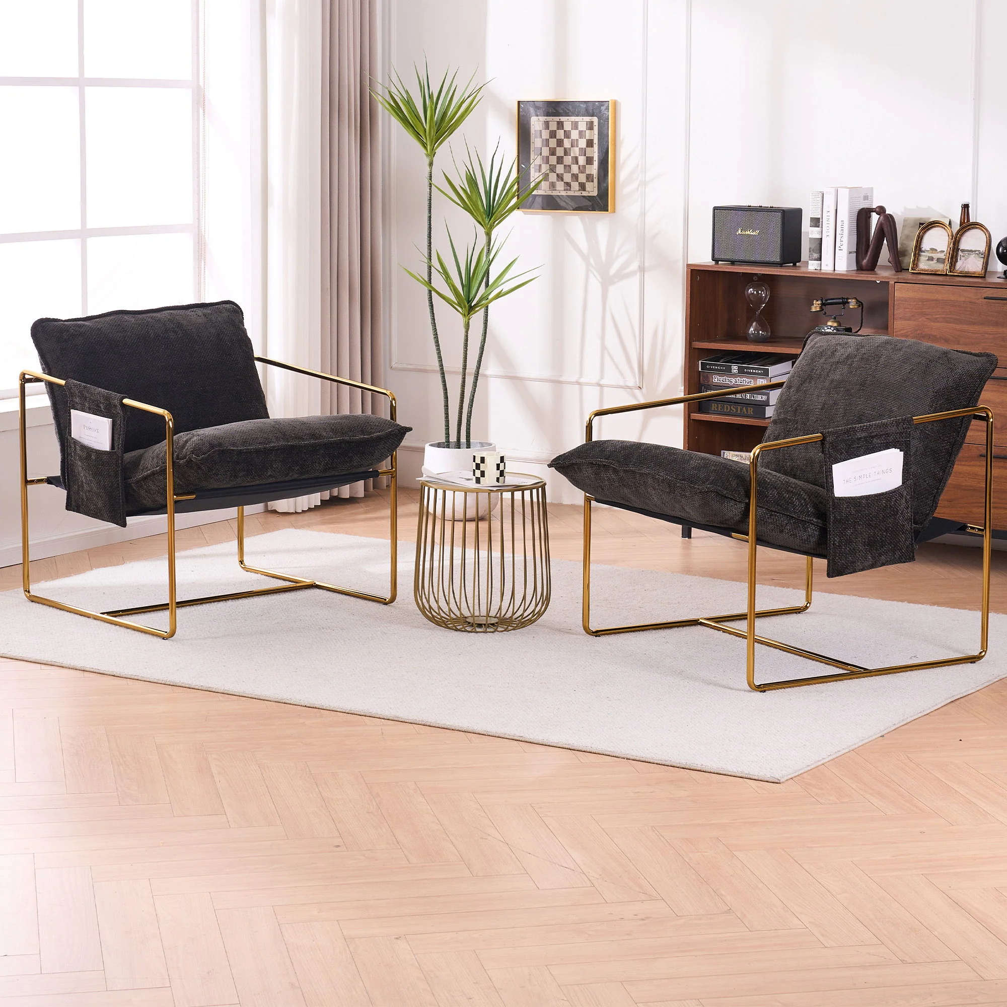 Upholstered Hanging Armchair With Arm Pocketsmetal Frame (Set of 2), Plated Craftsmanship, Crushed Foam Cushions And Skin-Friendly Woven Fabric For Living Room And Bedroom - Image 8