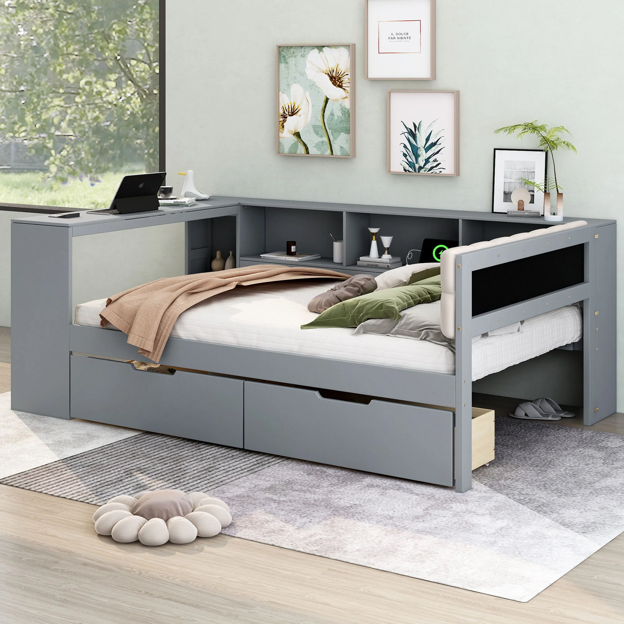 Upholstered Headboard Platform Bed With Storage Shelves, Drawers, Charging Station - Image 11