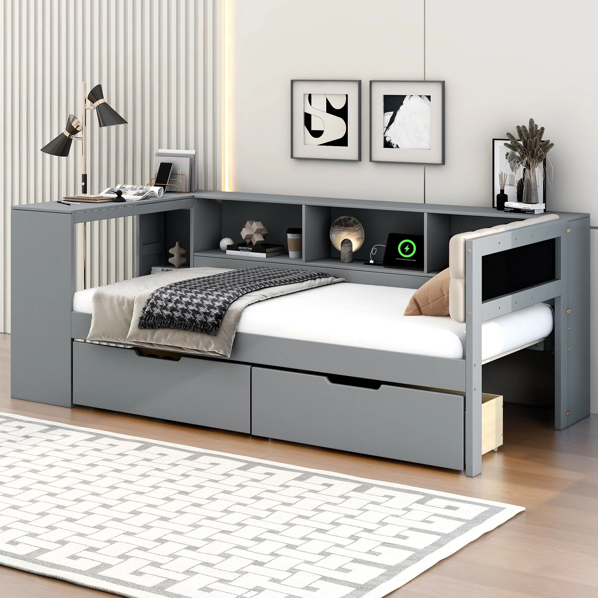 Upholstered Headboard Platform Bed With Storage Shelves, Drawers, Charging Station - Image 26