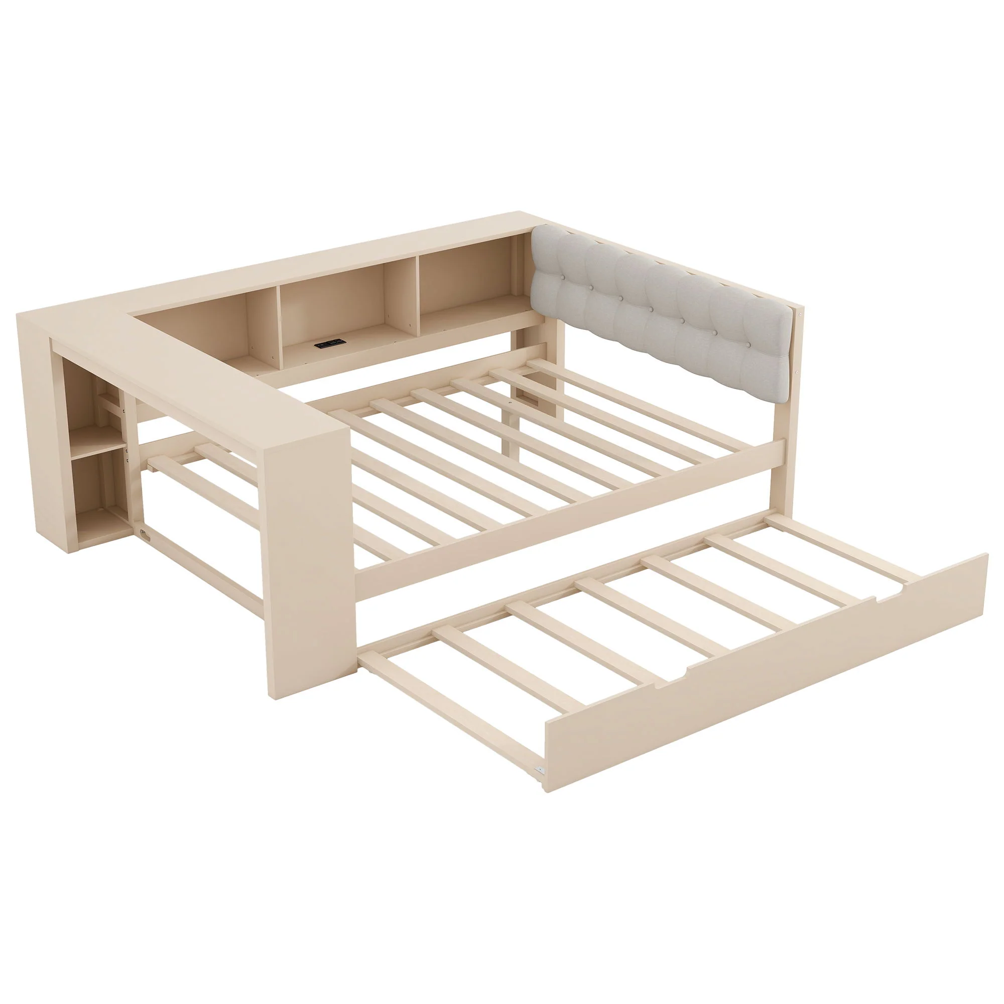 Upholstered Headboard Platform Bed With Storage Shelves, Trundle, Charging Station - Image 13