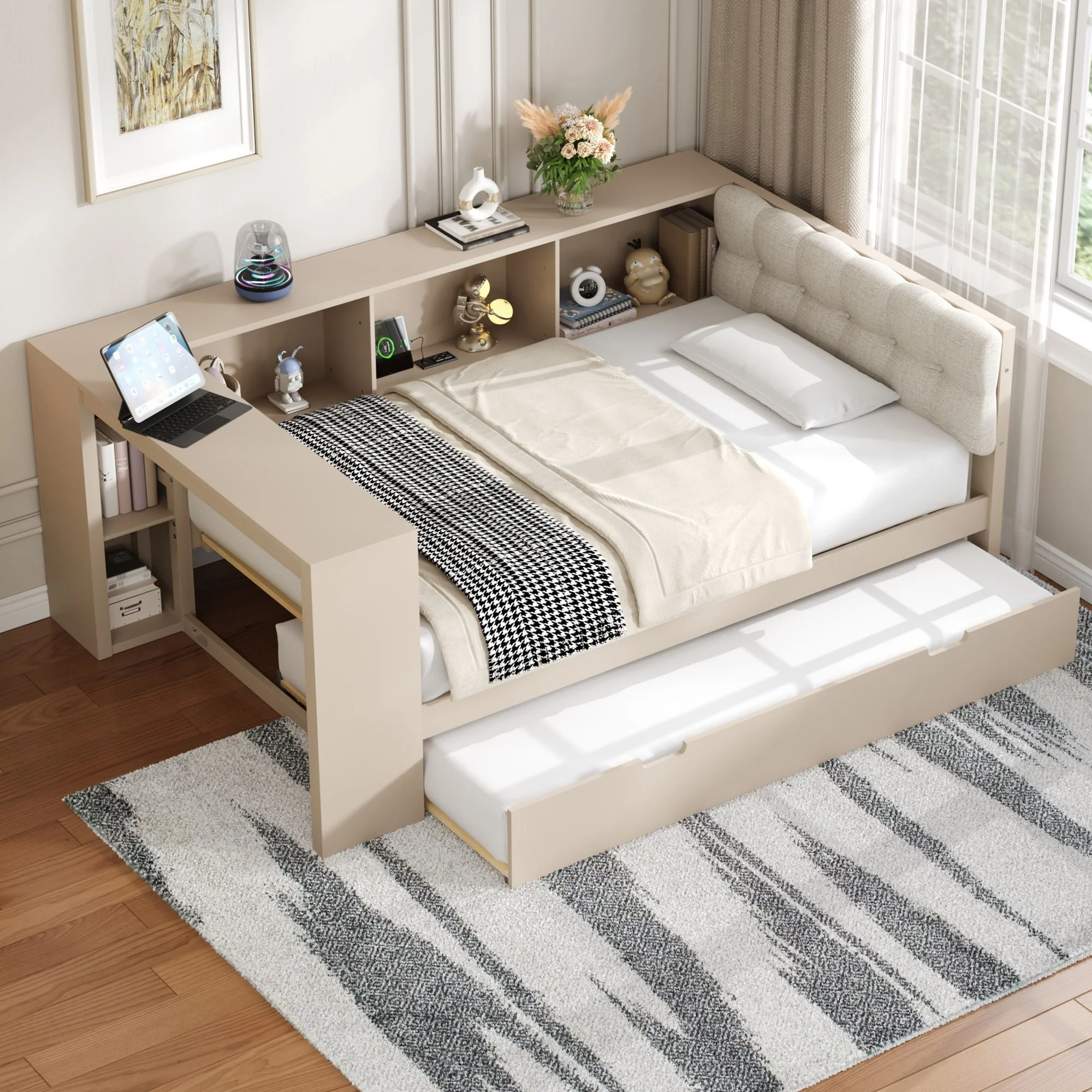 Upholstered Headboard Platform Bed With Storage Shelves, Trundle, Charging Station - Image 29
