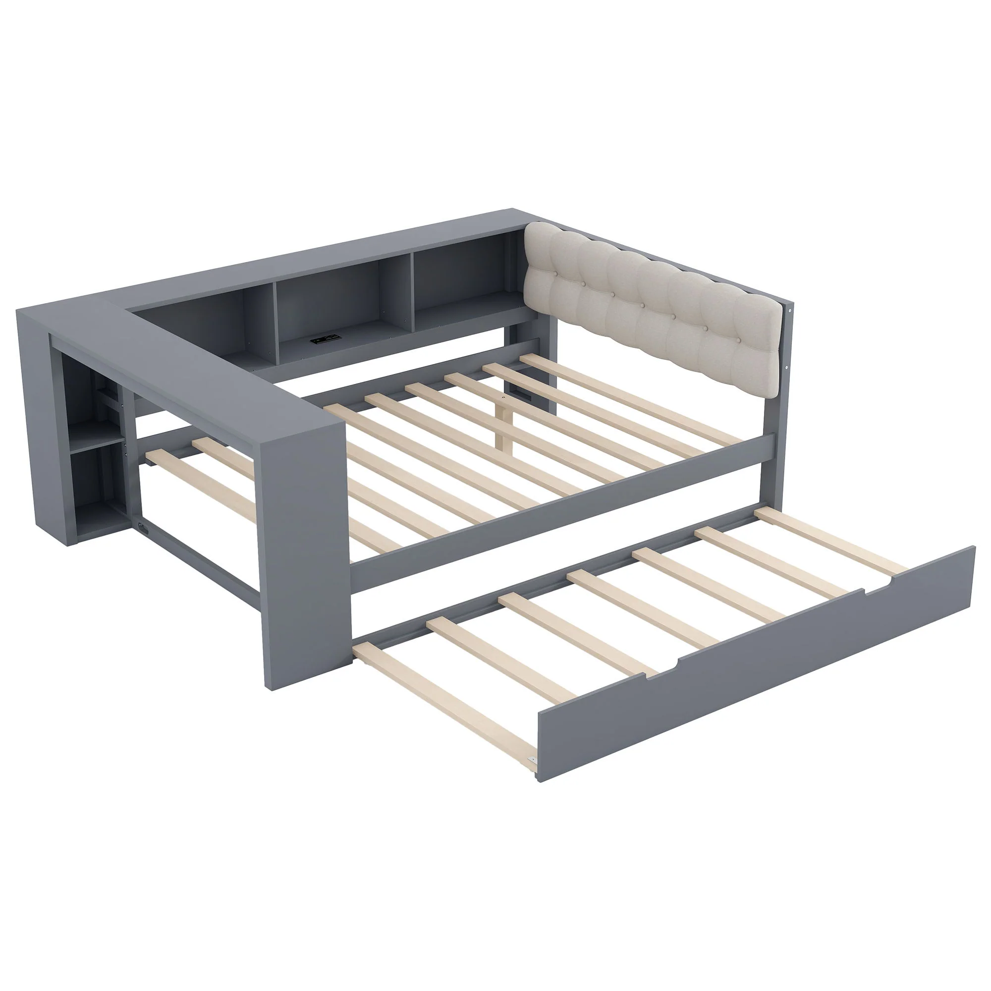 Upholstered Headboard Platform Bed With Storage Shelves, Trundle, Charging Station - Image 3