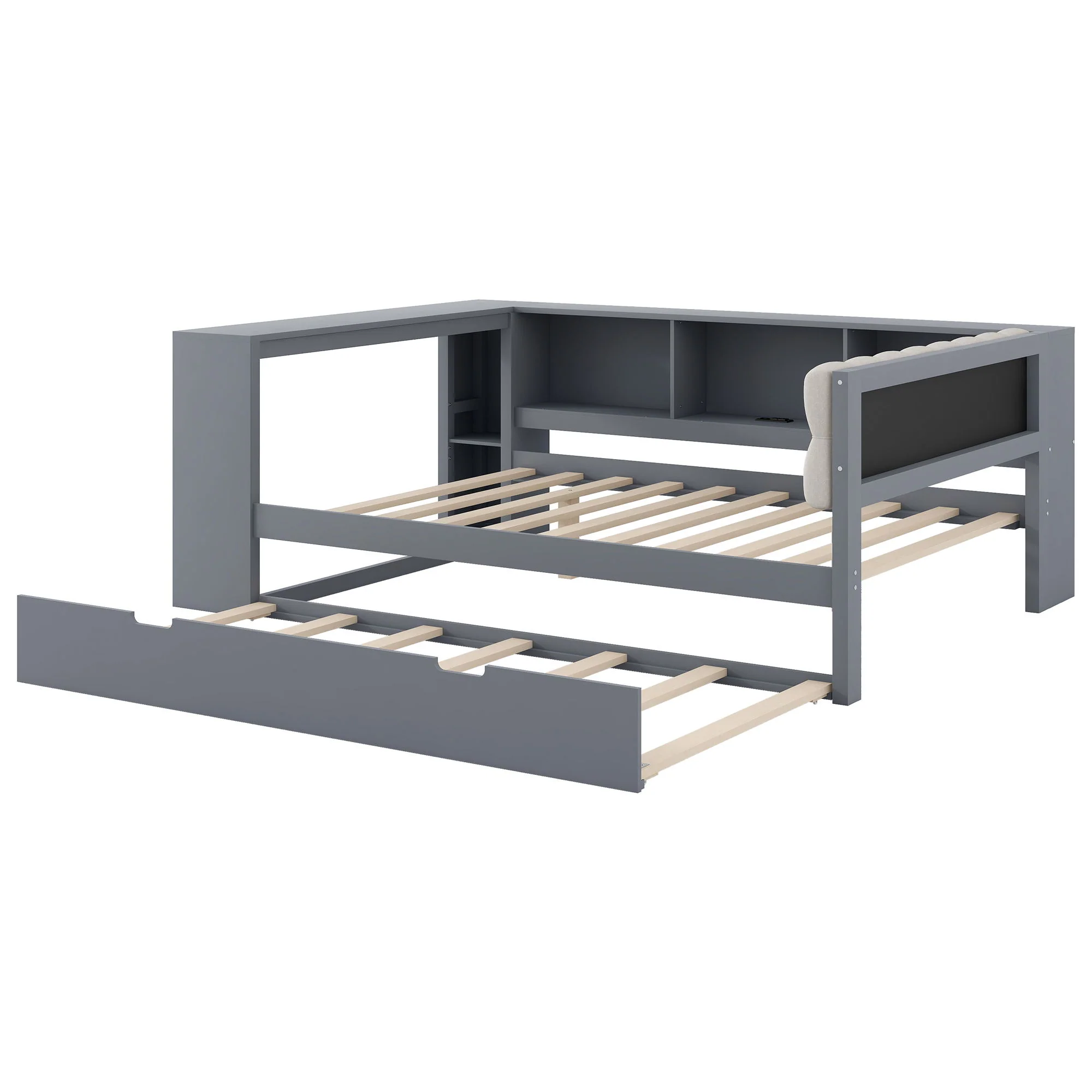 Upholstered Headboard Platform Bed With Storage Shelves, Trundle, Charging Station - Image 33