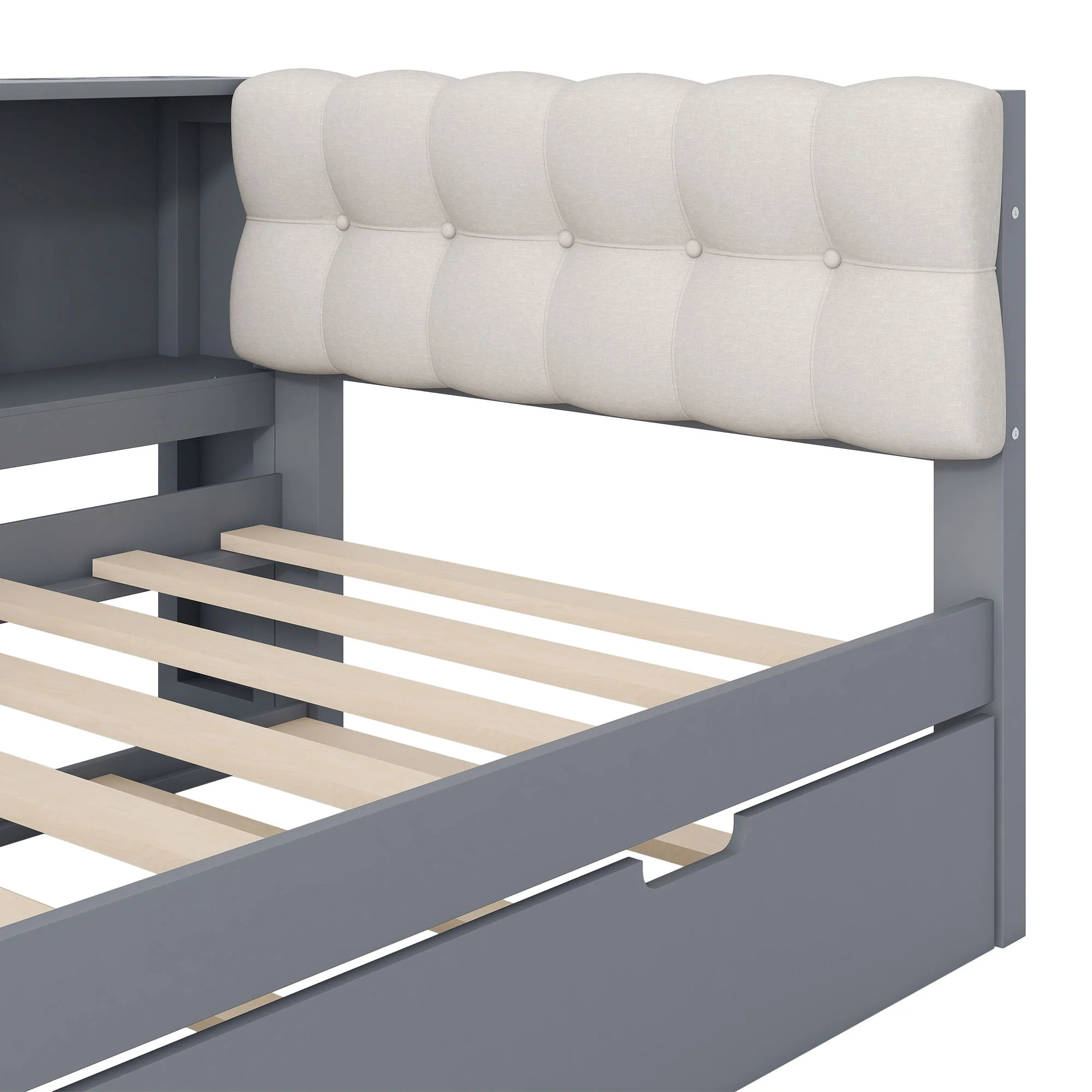 Upholstered Headboard Platform Bed With Storage Shelves, Trundle, Charging Station - Image 35