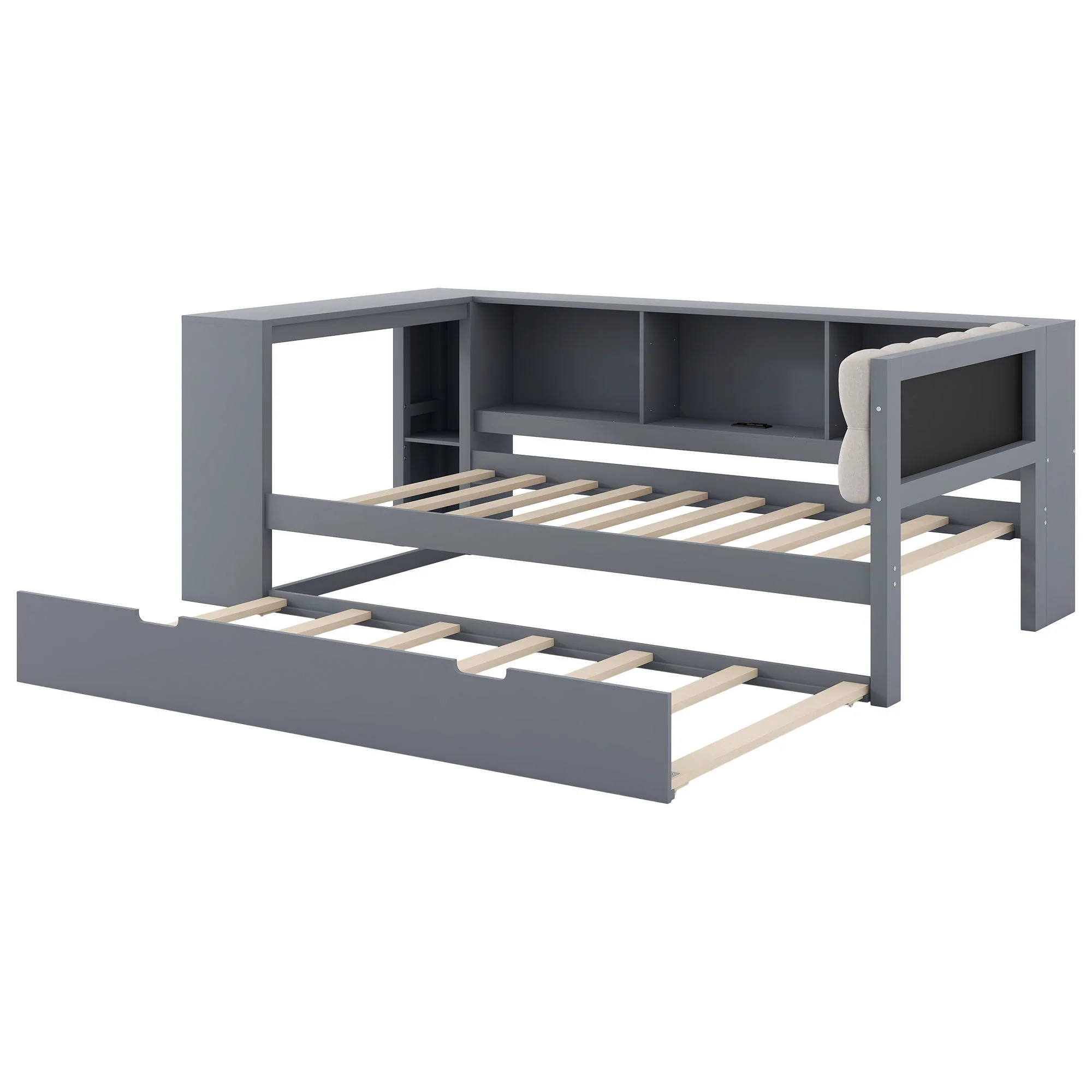 Upholstered Headboard Platform Bed With Storage Shelves, Trundle, Charging Station - Image 6