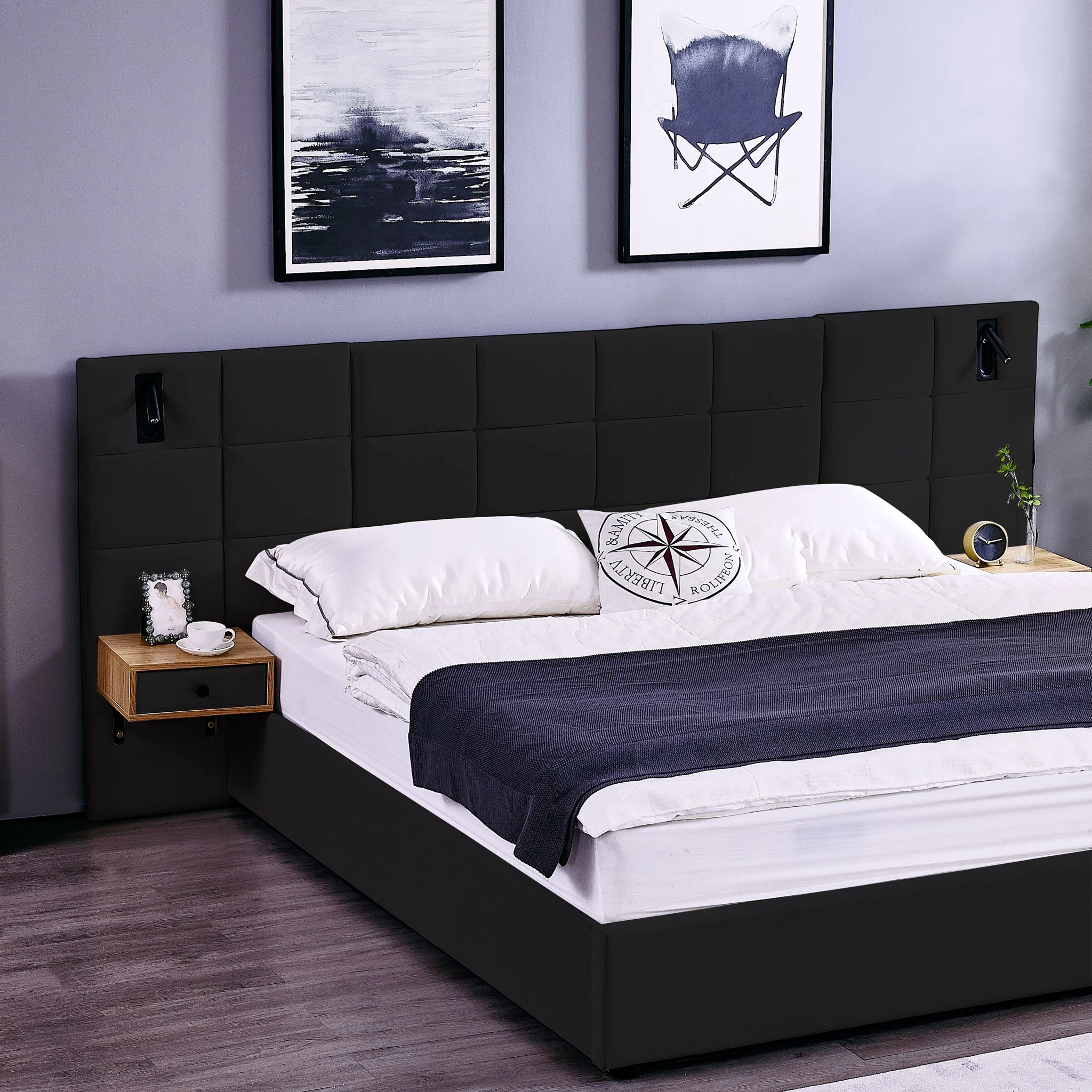 Upholstered Hydraulic Platform Bed With Storage Shelves, Reading Lamps, USB Port - Image 10