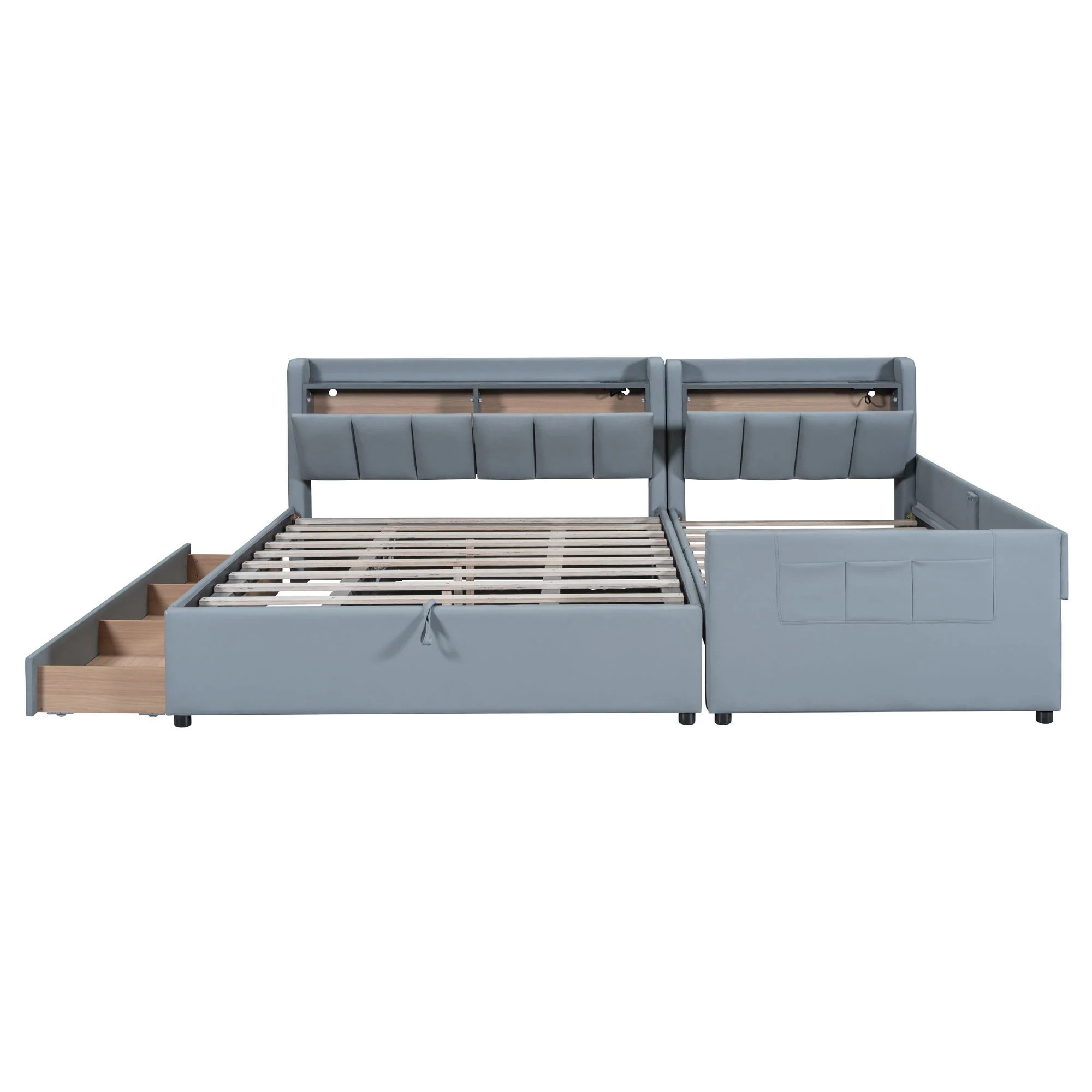 Upholstered Mother & Child Bed With Hydraulic Storage System, Drawer Box, Bedhead Storage Shelf And 2 Pairs Of Sockets & USB Ports - Image 6