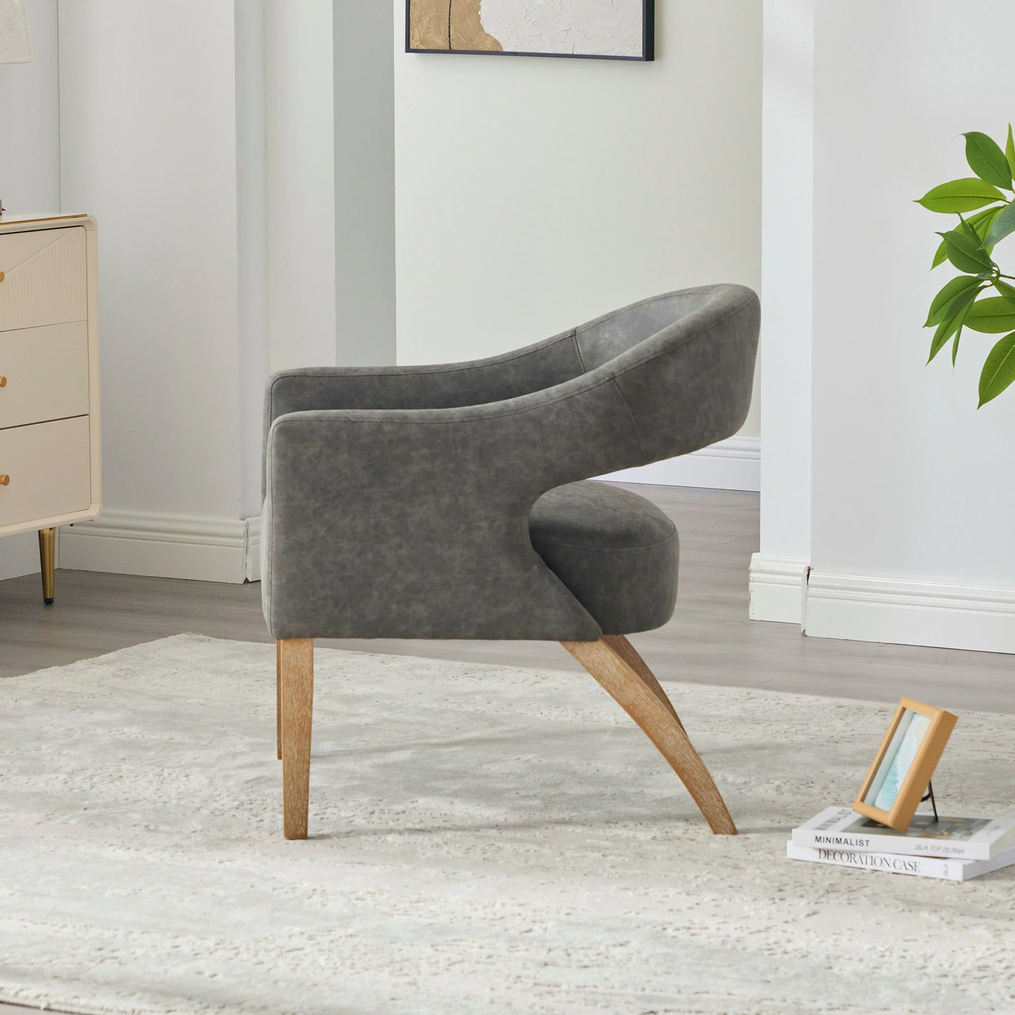 Upholstered Open Back Armchair With Weathered Rubberwood Legs - Image 11