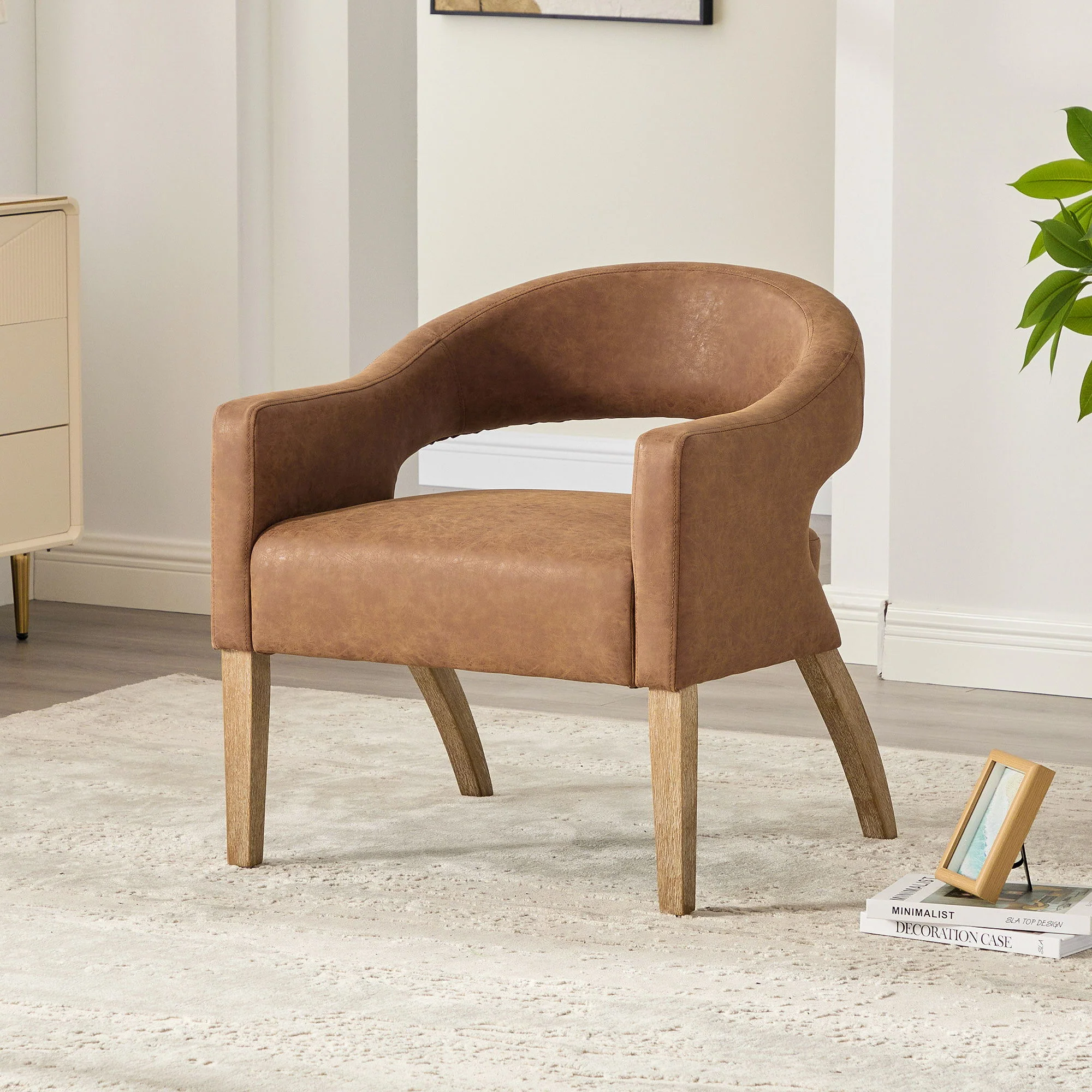 Upholstered Open Back Armchair With Weathered Rubberwood Legs - Image 15