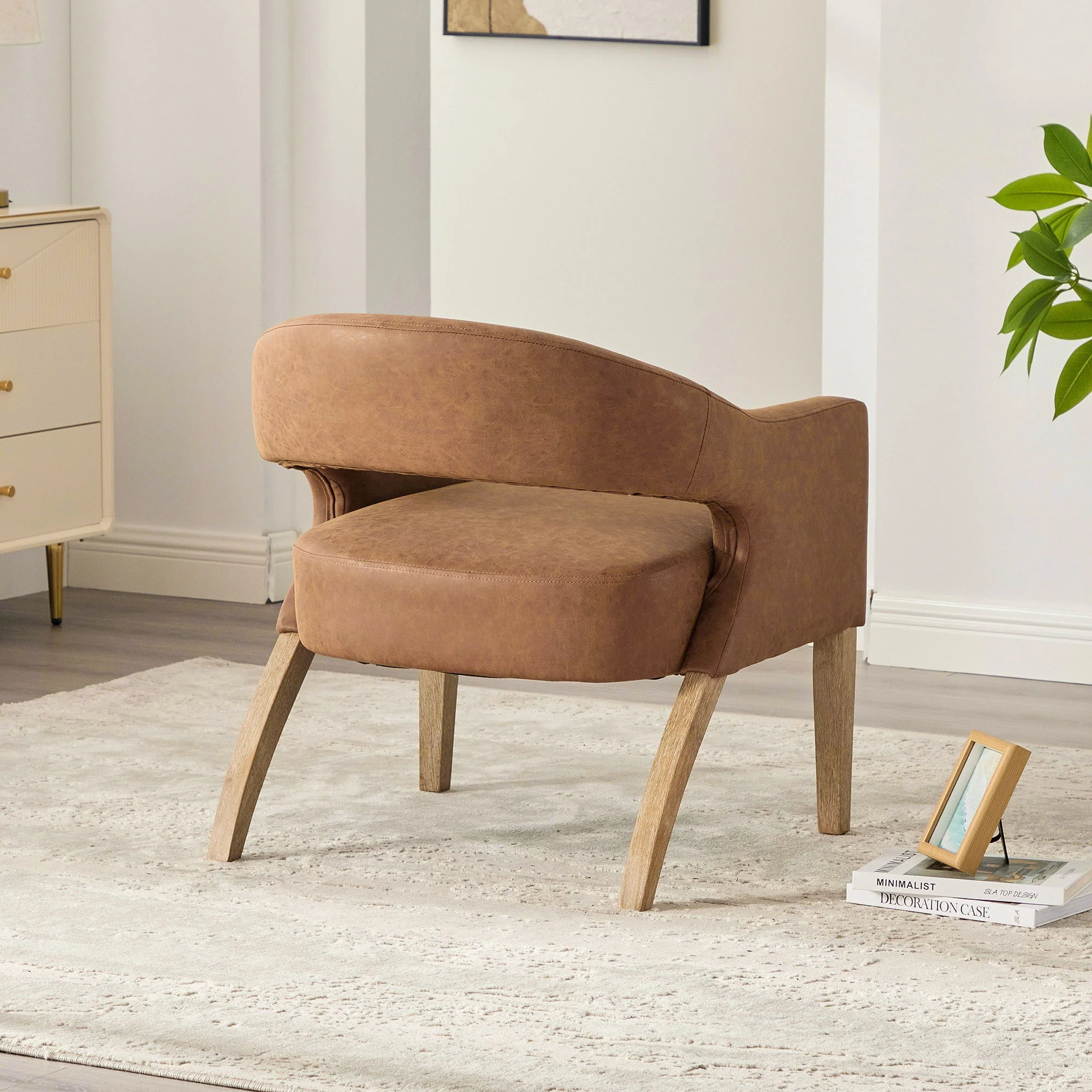 Upholstered Open Back Armchair With Weathered Rubberwood Legs - Image 18