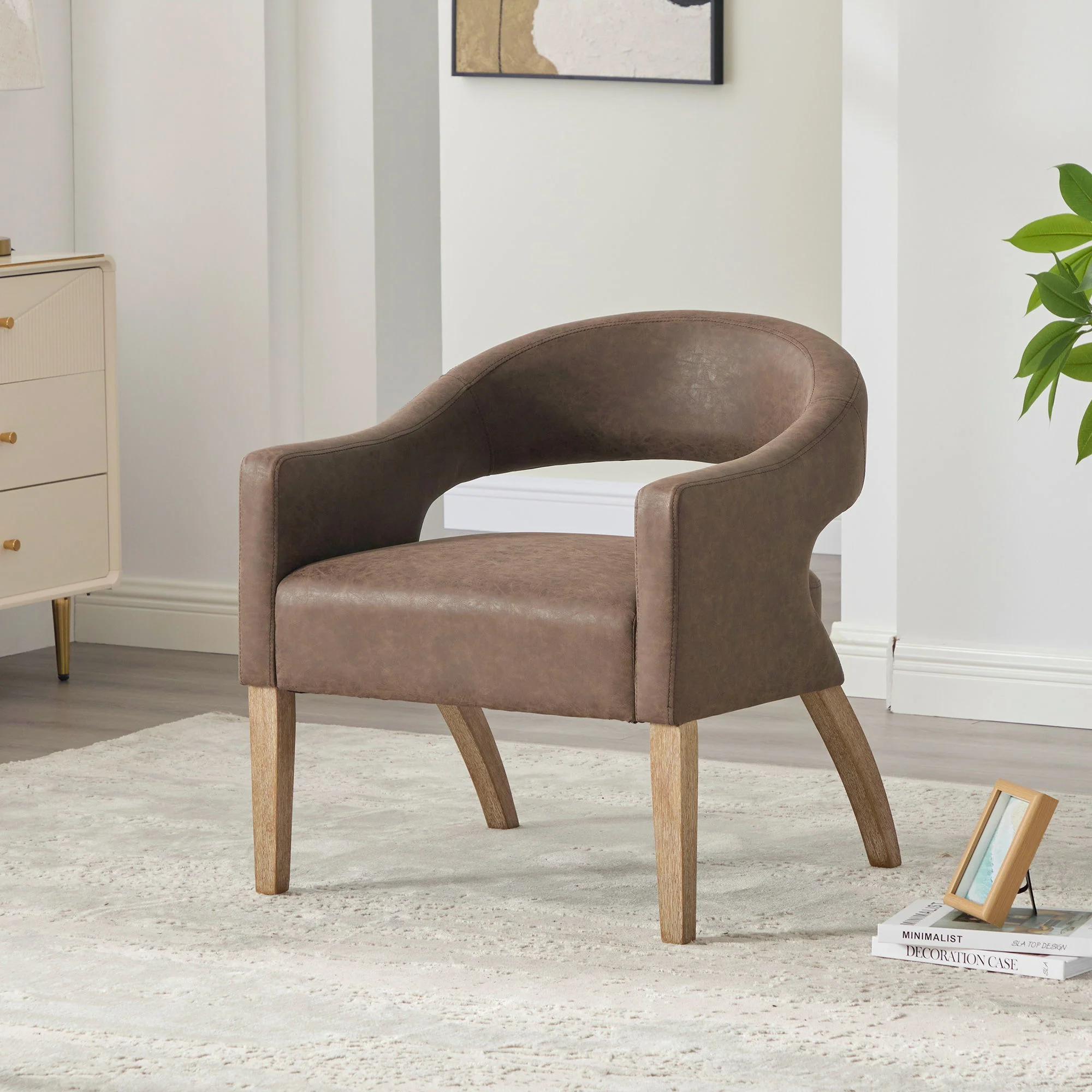 Upholstered Open Back Armchair With Weathered Rubberwood Legs - Image 22