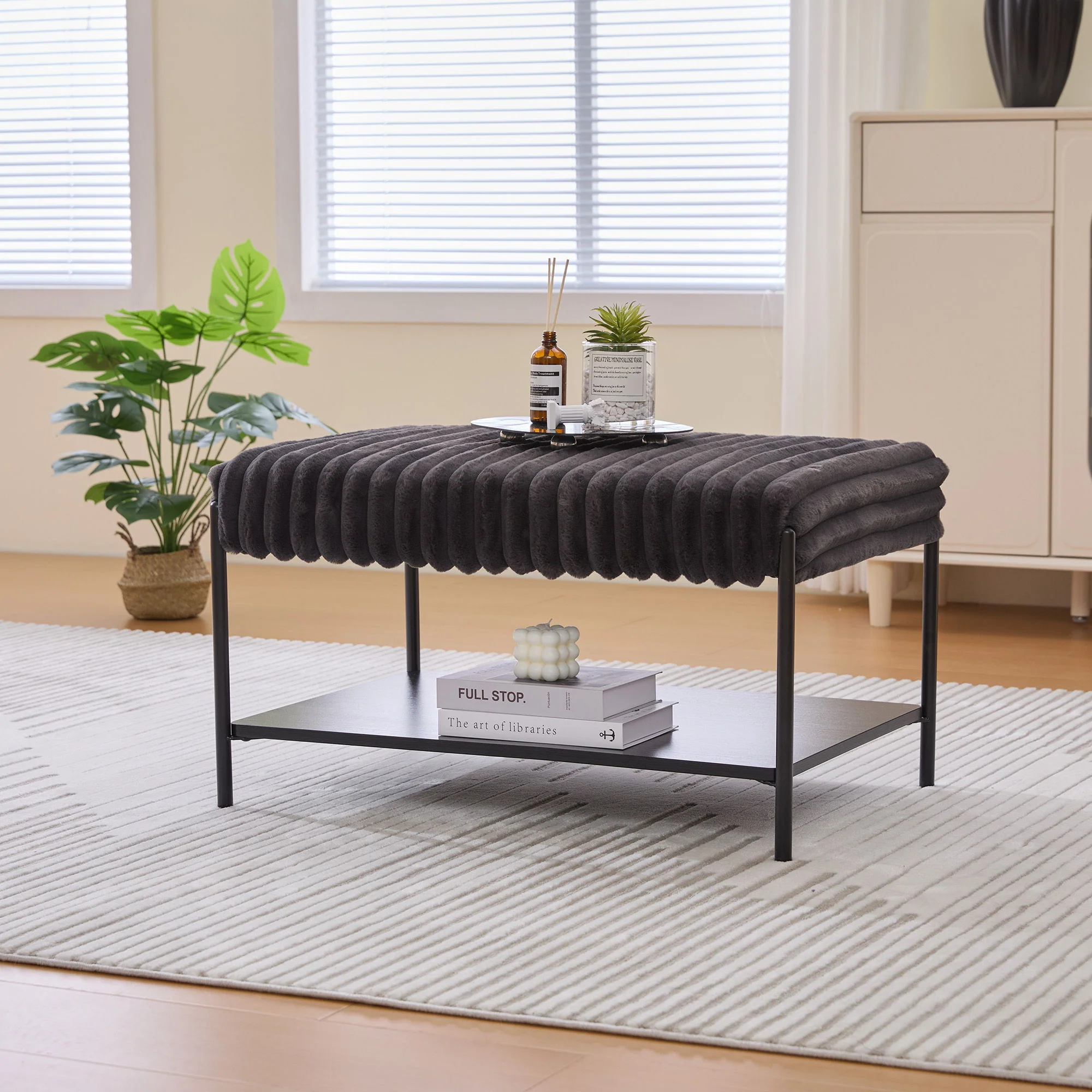 Upholstered Ottoman Coffee Table Foot Rest With Open Storage - Image 8