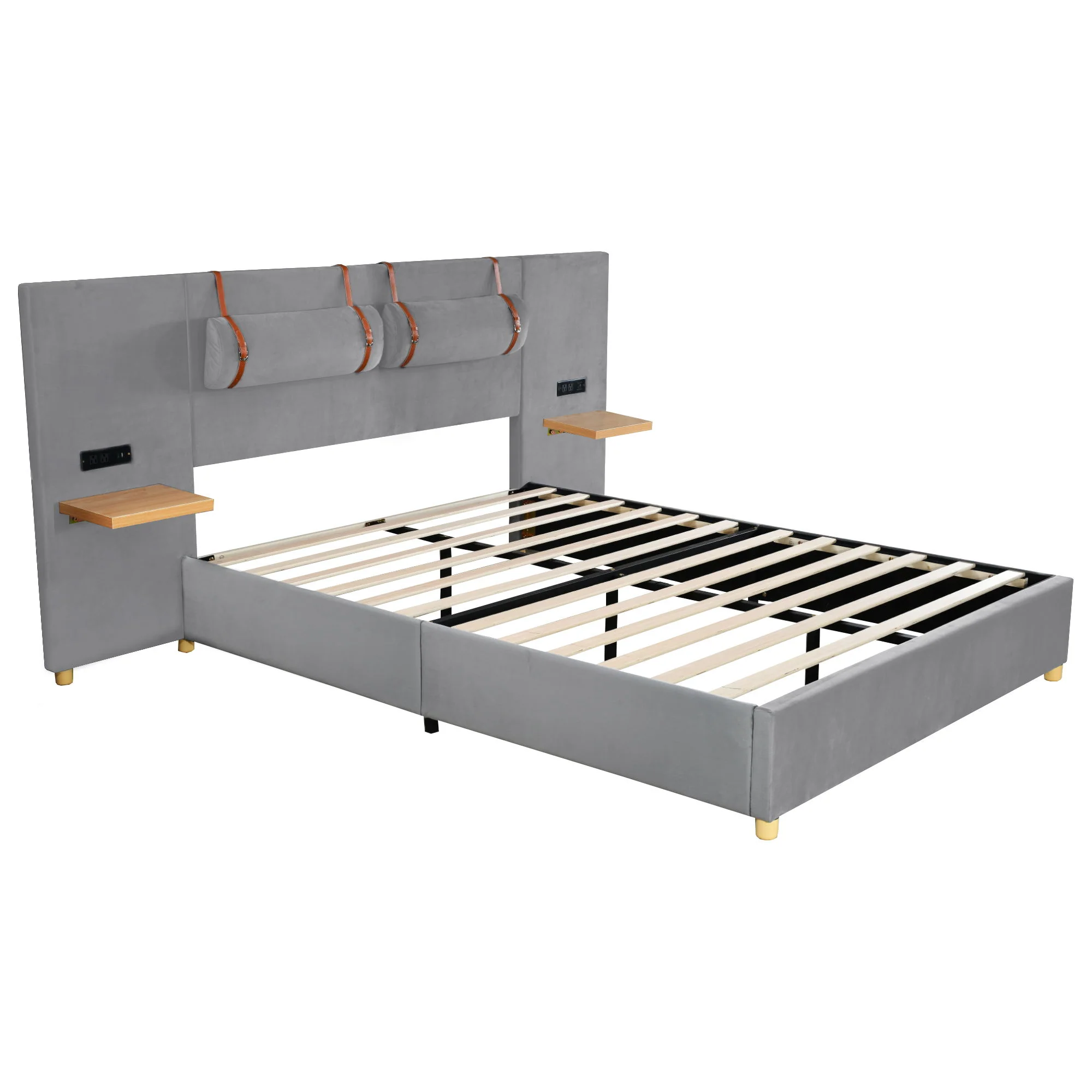 Upholstered Platform Bed, 2 Outlets And USB Charging Ports On Both Sides, 2 Bedside Pillows, Storage Shelves - Image 3