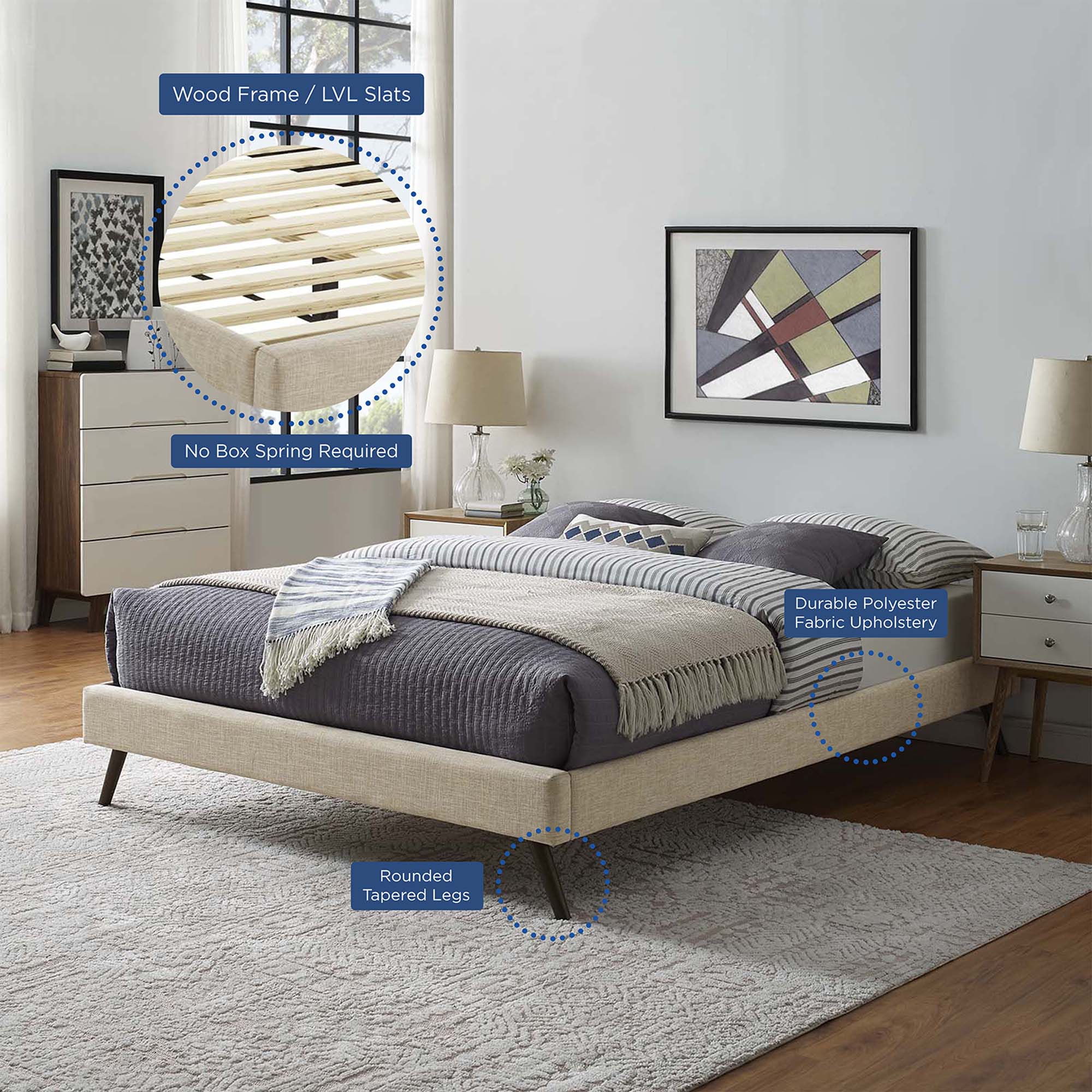 Upholstered Platform Bed Frame with Round Splayed Legs - Image 30