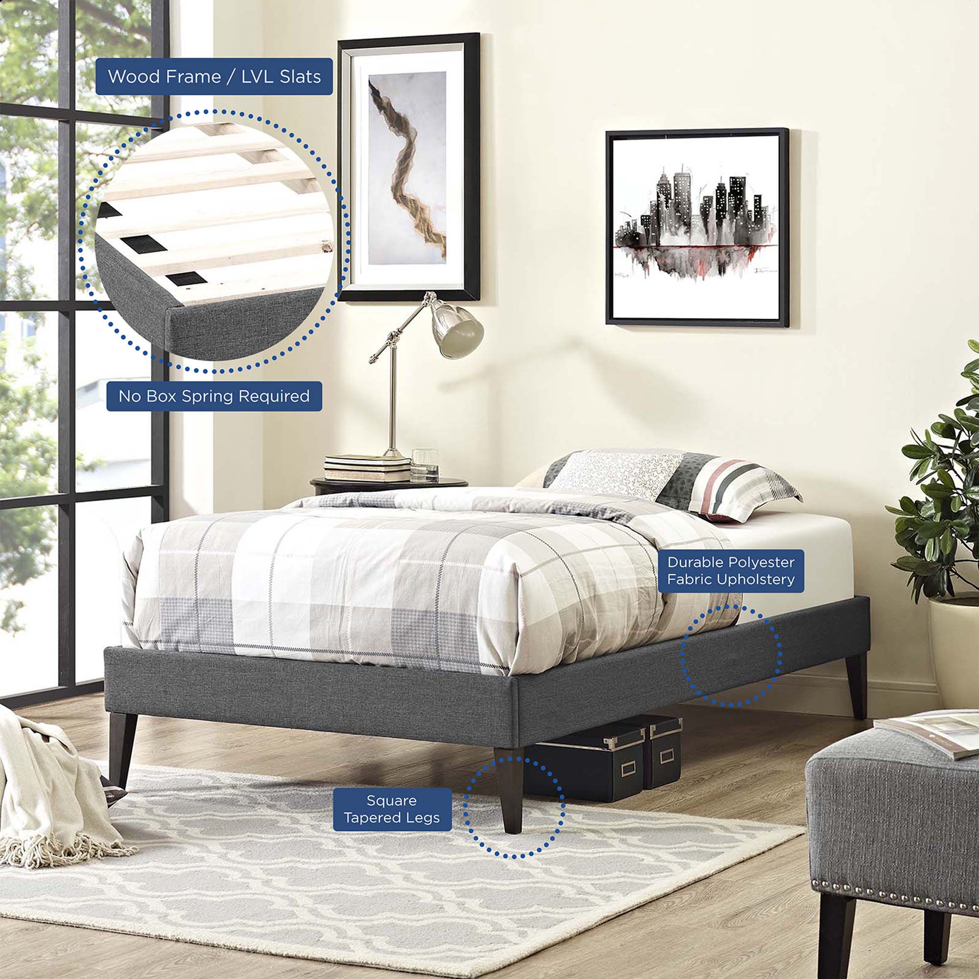 Upholstered Platform Bed Frame with Squared Tapered Legs - Image 5