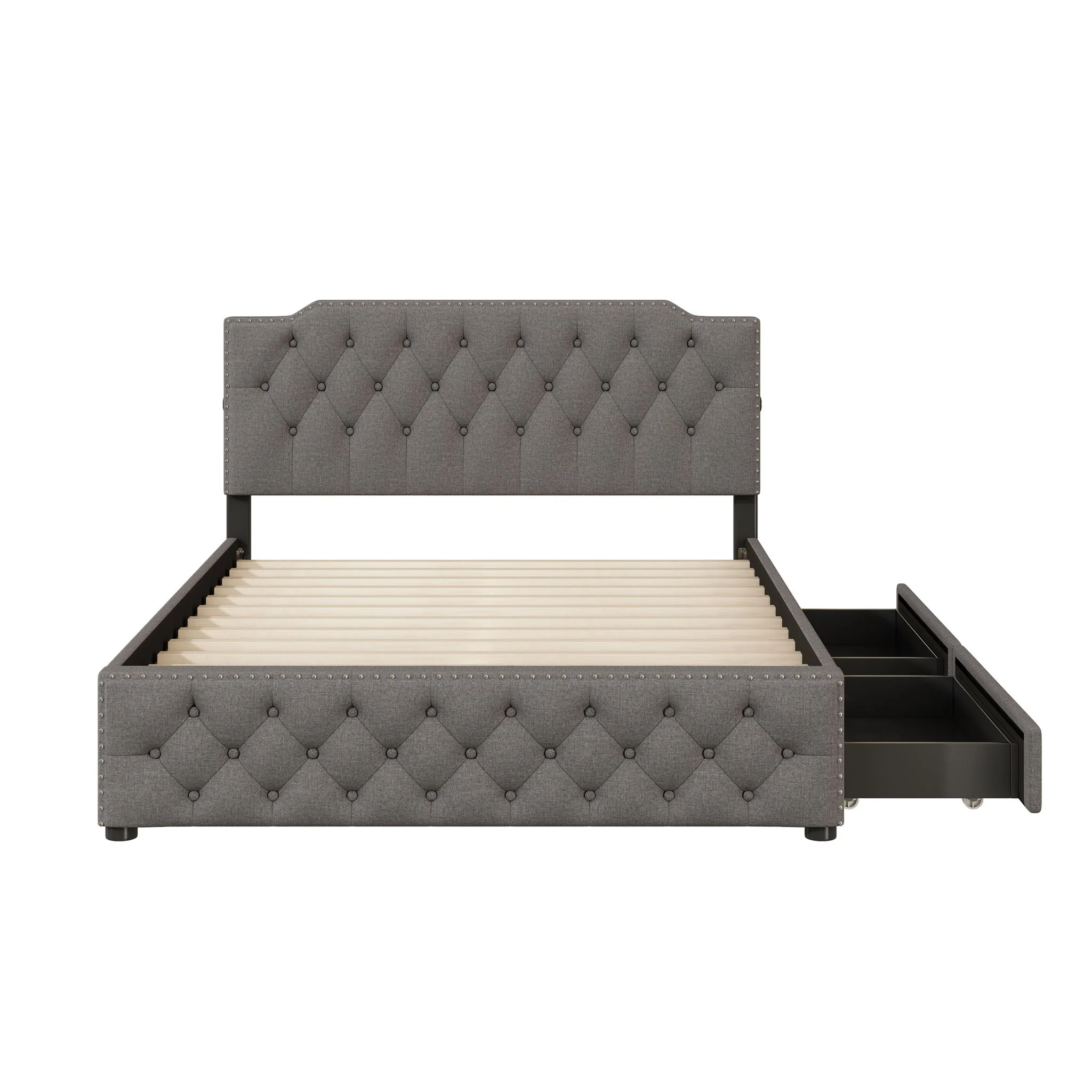 Upholstered Platform Bed With 2 Drawers And 2 Sets Of USB Ports On Each Side, Fabric - Image 11