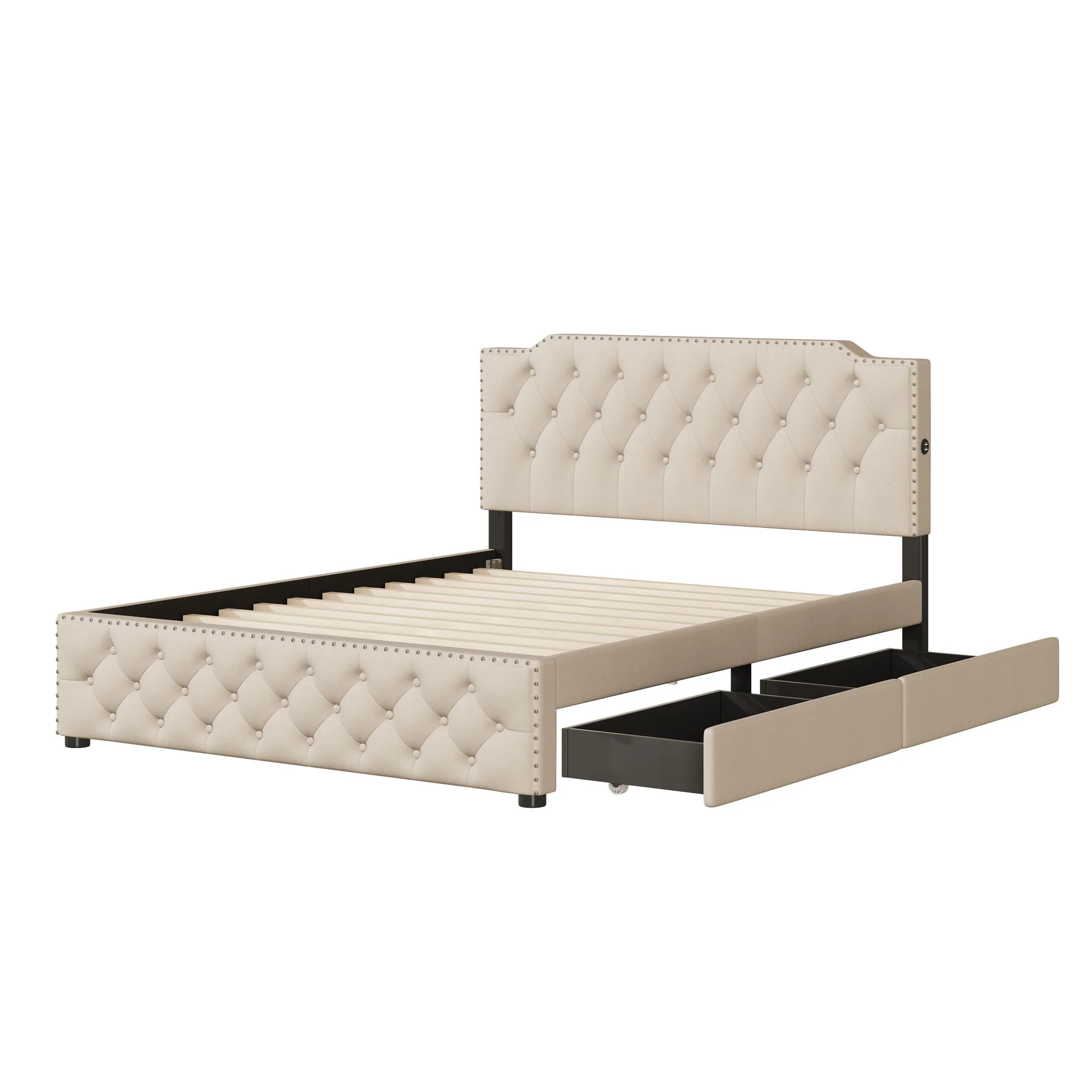 Upholstered Platform Bed With 2 Drawers And 2 Sets Of USB Ports On Each Side, Fabric - Image 14