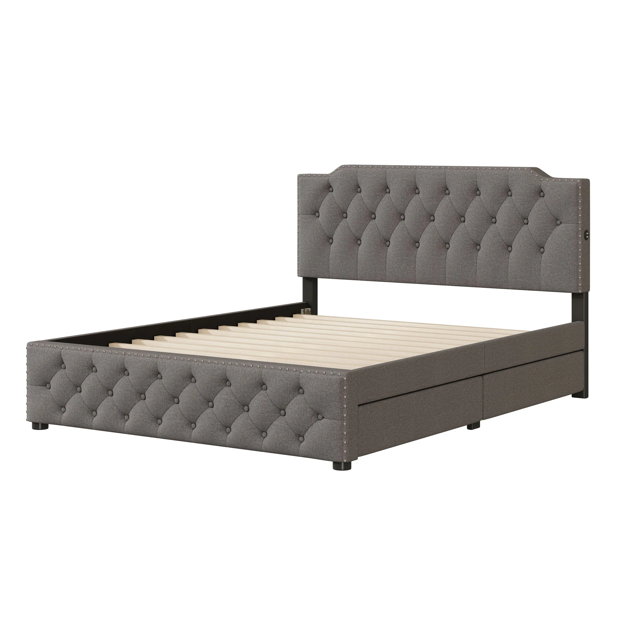 Upholstered Platform Bed With 2 Drawers And 2 Sets Of USB Ports On Each Side, Fabric - Image 15