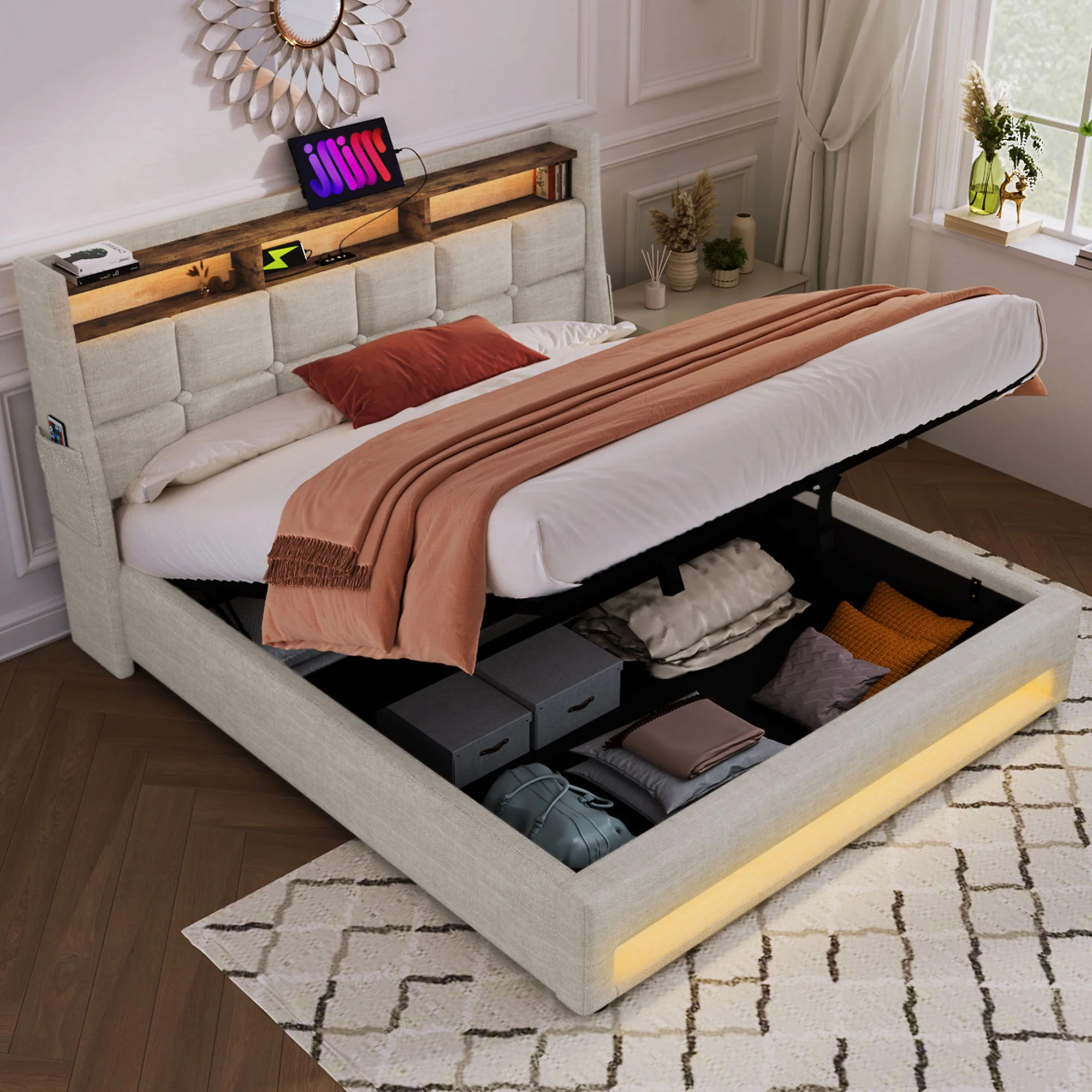 Upholstered Platform Bed With A Hydraulic Storage System, LED And USB Charging (Without Mattress) - Image 9