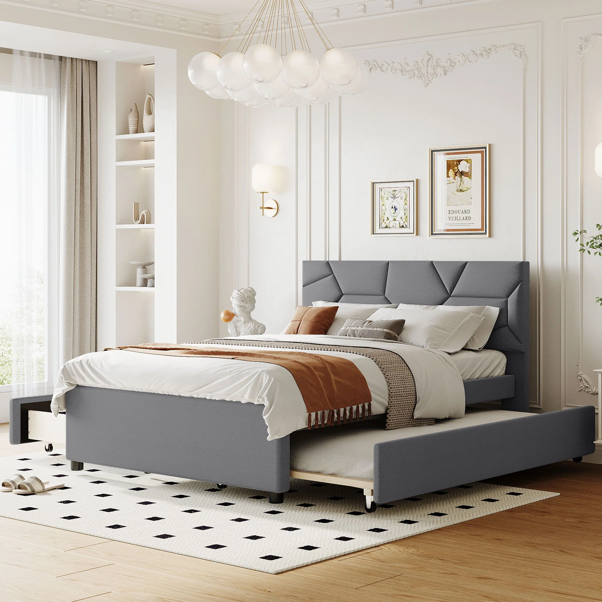 Upholstered Platform Bed With Brick Pattern Headboard And Twin Long Size Trundle - Image 3