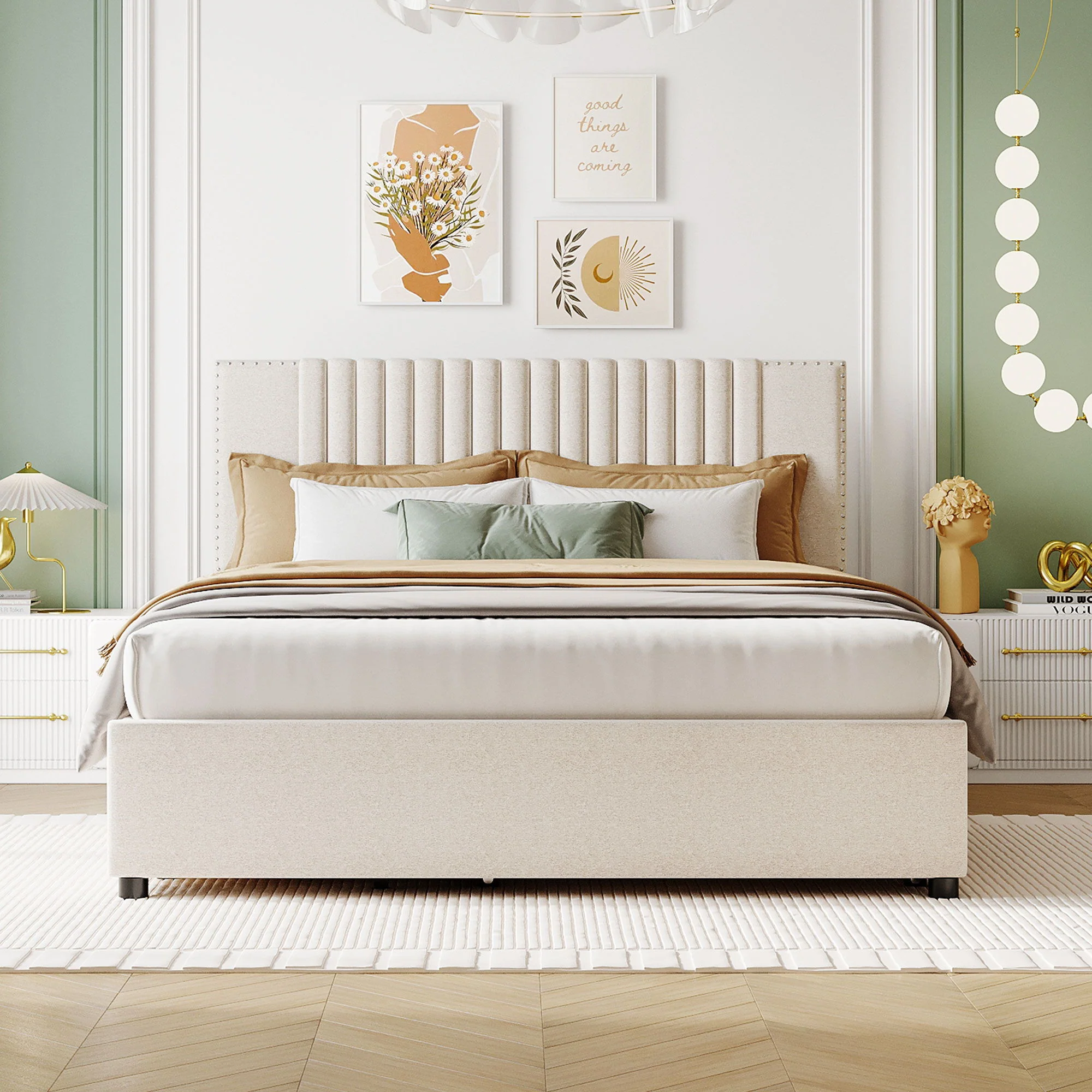 Upholstered Platform Bed With Drawers, Classic Headboard Design - Image 25