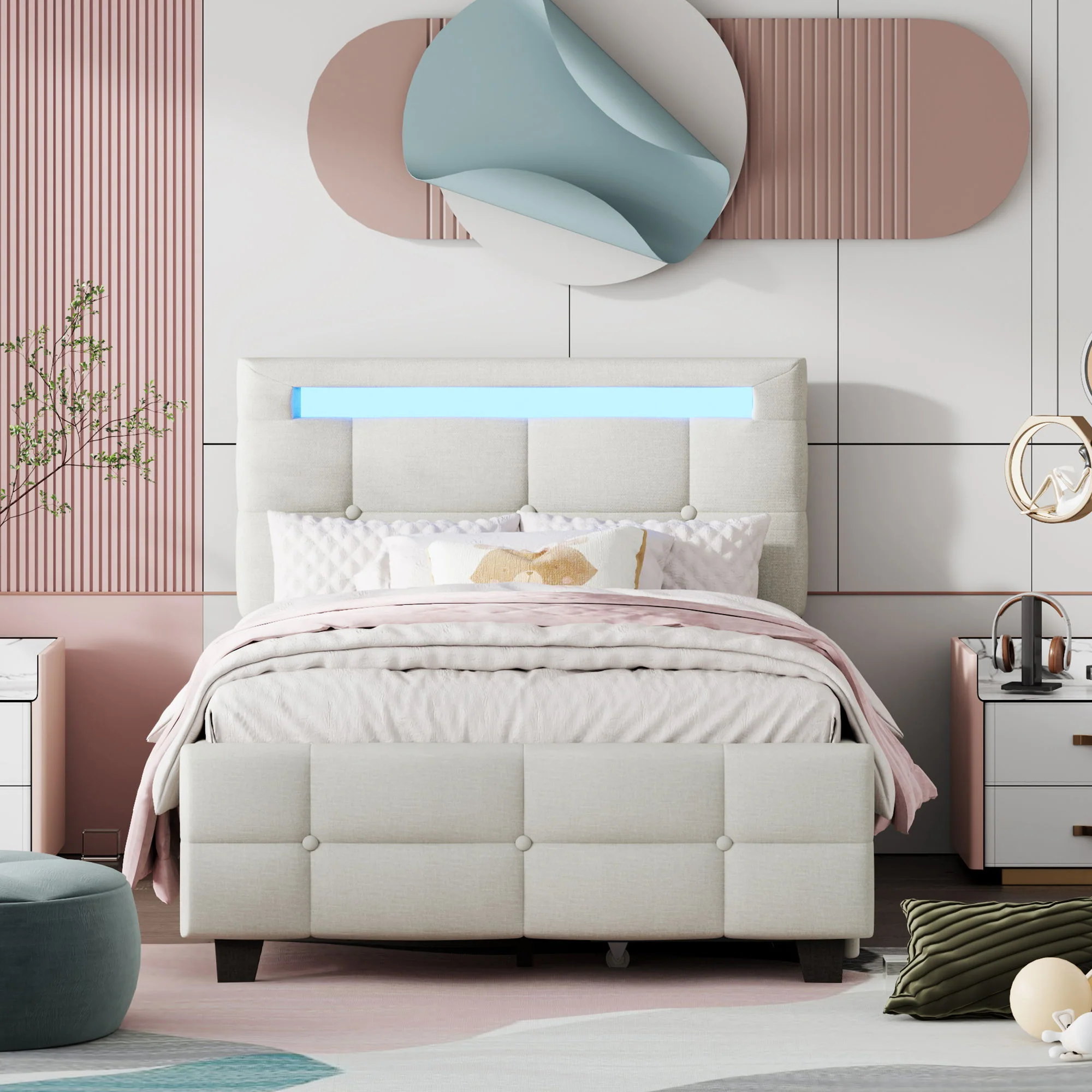 Upholstered Platform Bed With LED Frame, With Trundle And 2 Drawers - Image 6
