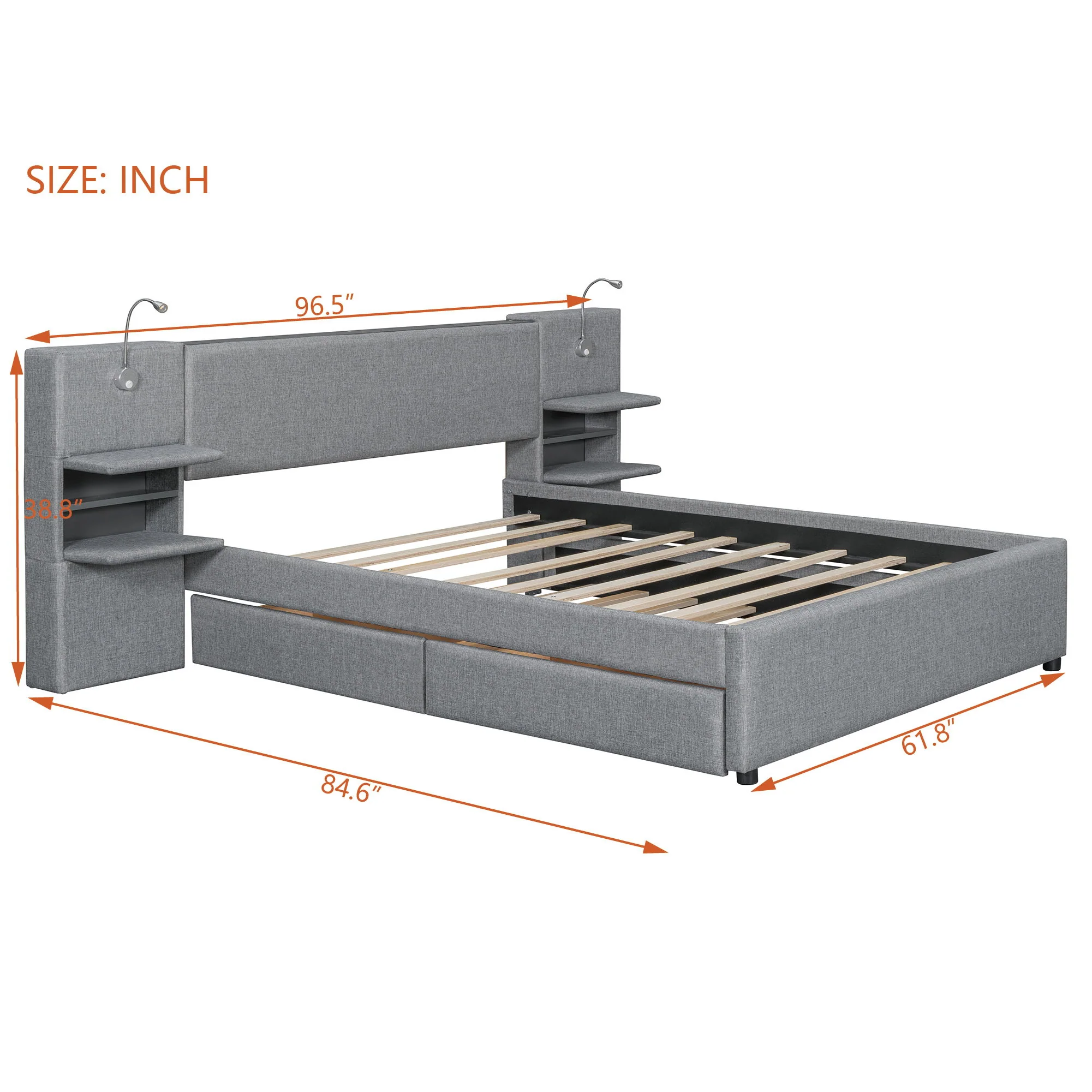 Upholstered Platform Bed With Reading Lights, Drawers, Trundle And Shelves - Image 10