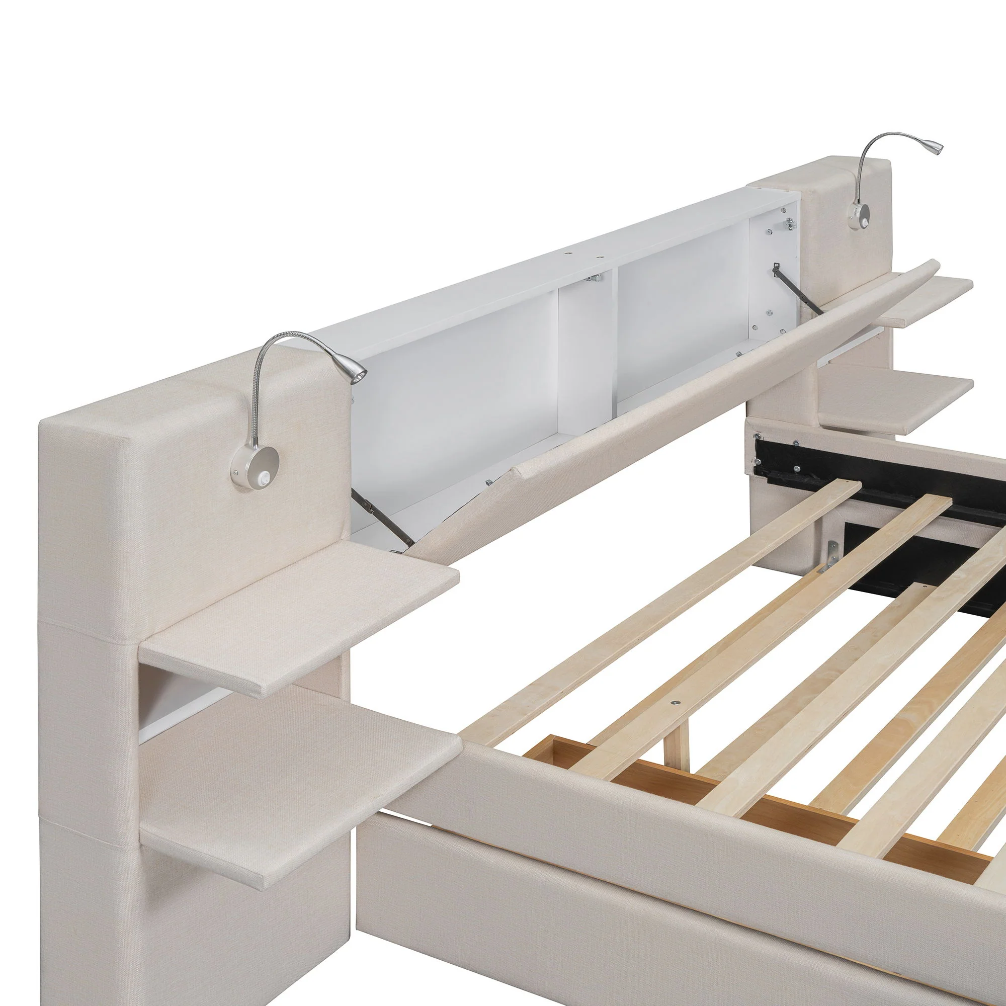 Upholstered Platform Bed With Reading Lights, Drawers, Trundle And Shelves - Image 9