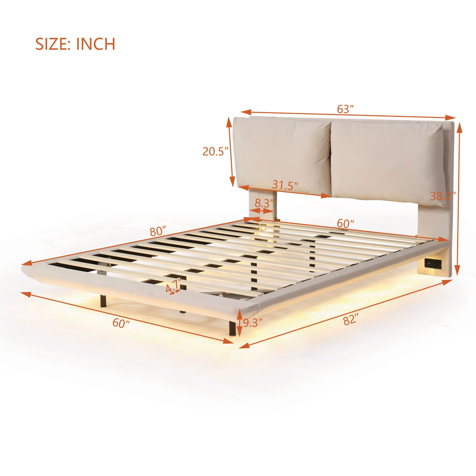 Upholstered Platform Bed With Sensor Light And 2 Large Backrests, With 2 Sets Of USB Port And Socket On Each Rear Bed Leg - Image 12