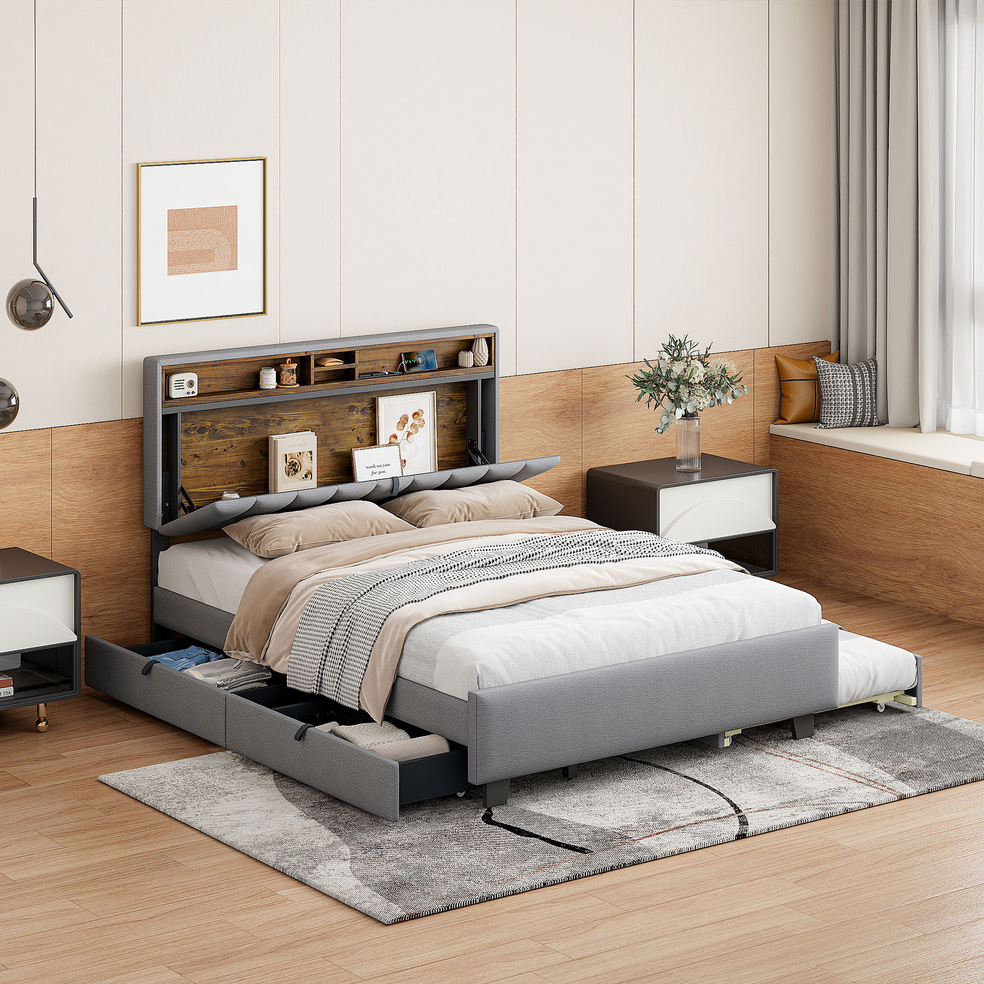 Upholstered Platform Bed With Storage Headboard, Trundle & 2 Drawers And A Set Of Sockets & USB Ports - Image 2