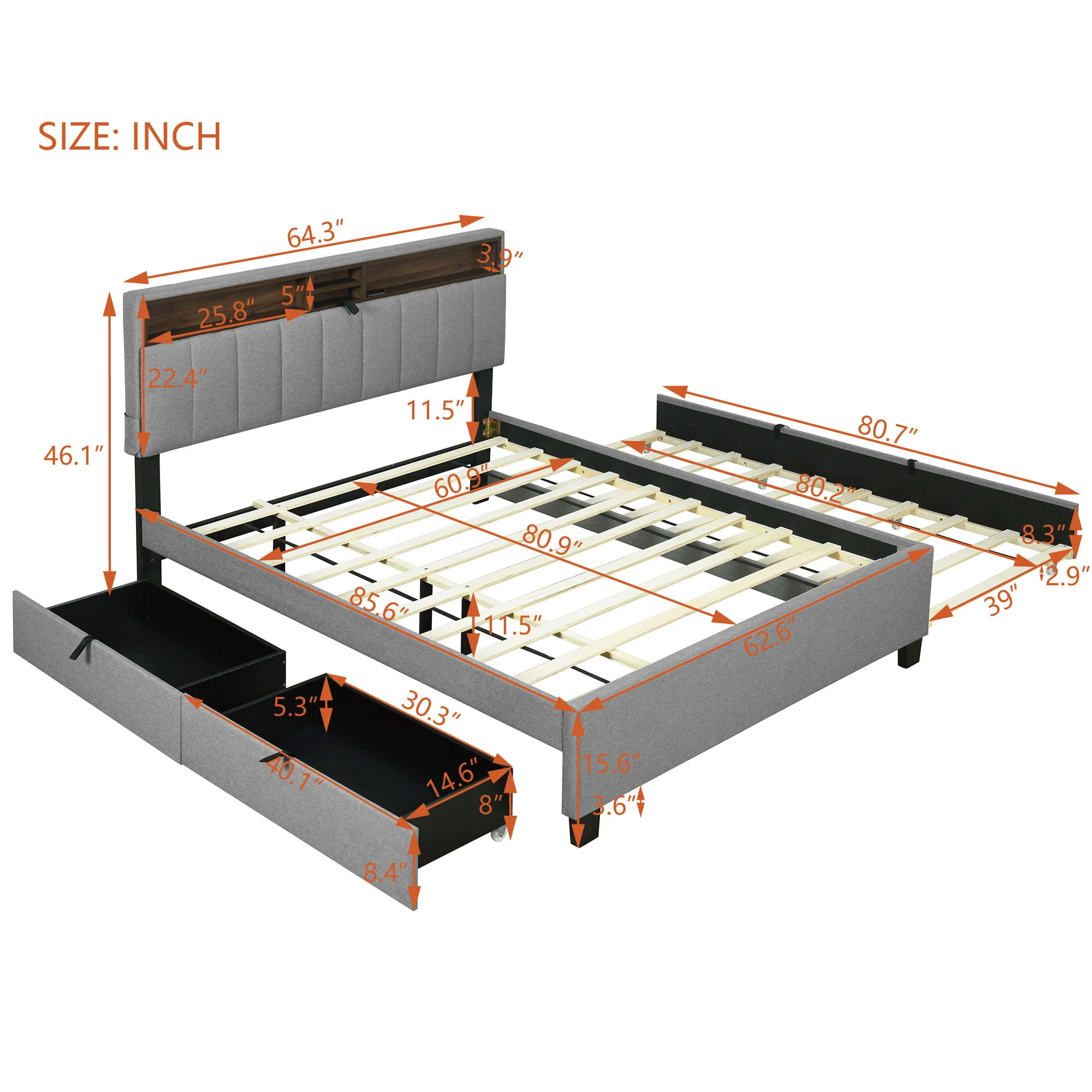 Upholstered Platform Bed With Storage Headboard, Trundle & 2 Drawers And A Set Of Sockets & USB Ports - Image 24