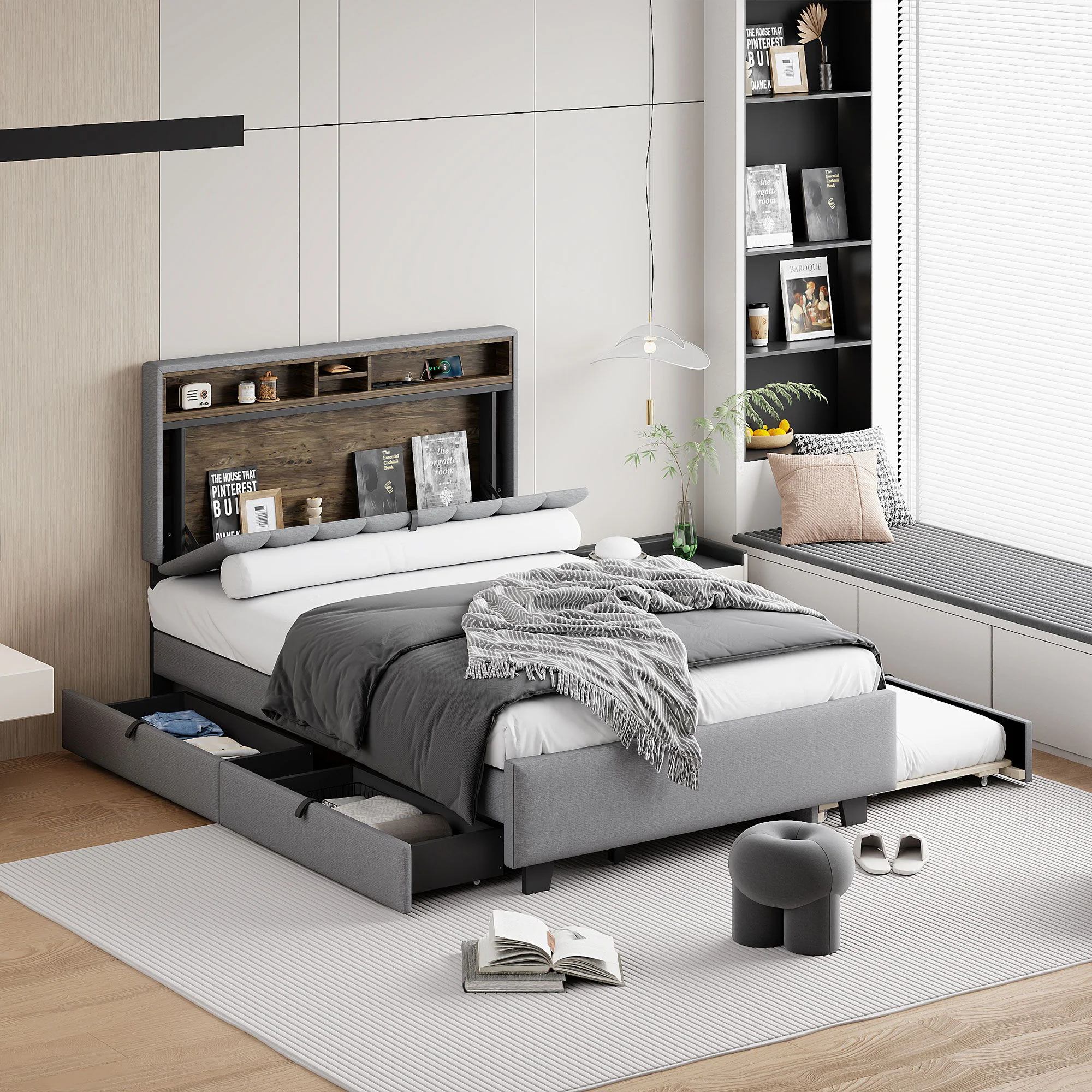 Upholstered Platform Bed With Storage Headboard, Trundle & 2 Drawers And A Set Of Sockets & USB Ports - Image 3