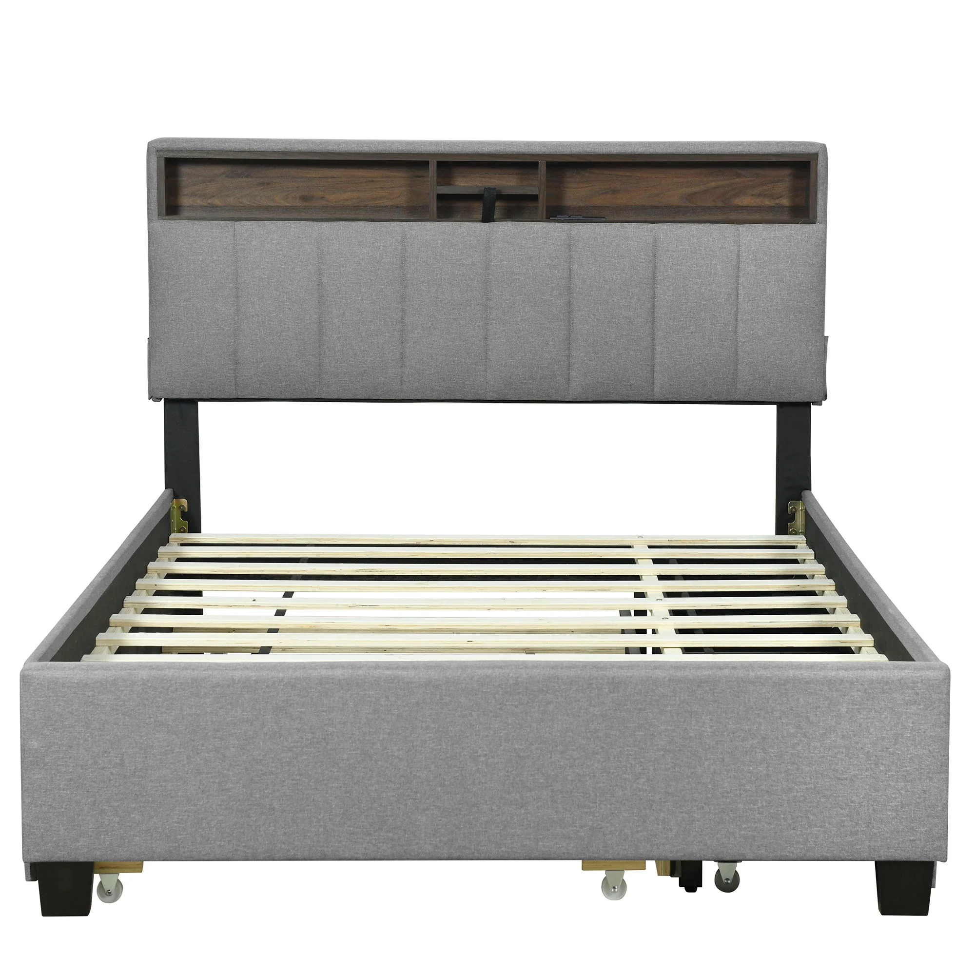 Upholstered Platform Bed With Storage Headboard, Trundle & 2 Drawers And A Set Of Sockets & USB Ports - Image 5