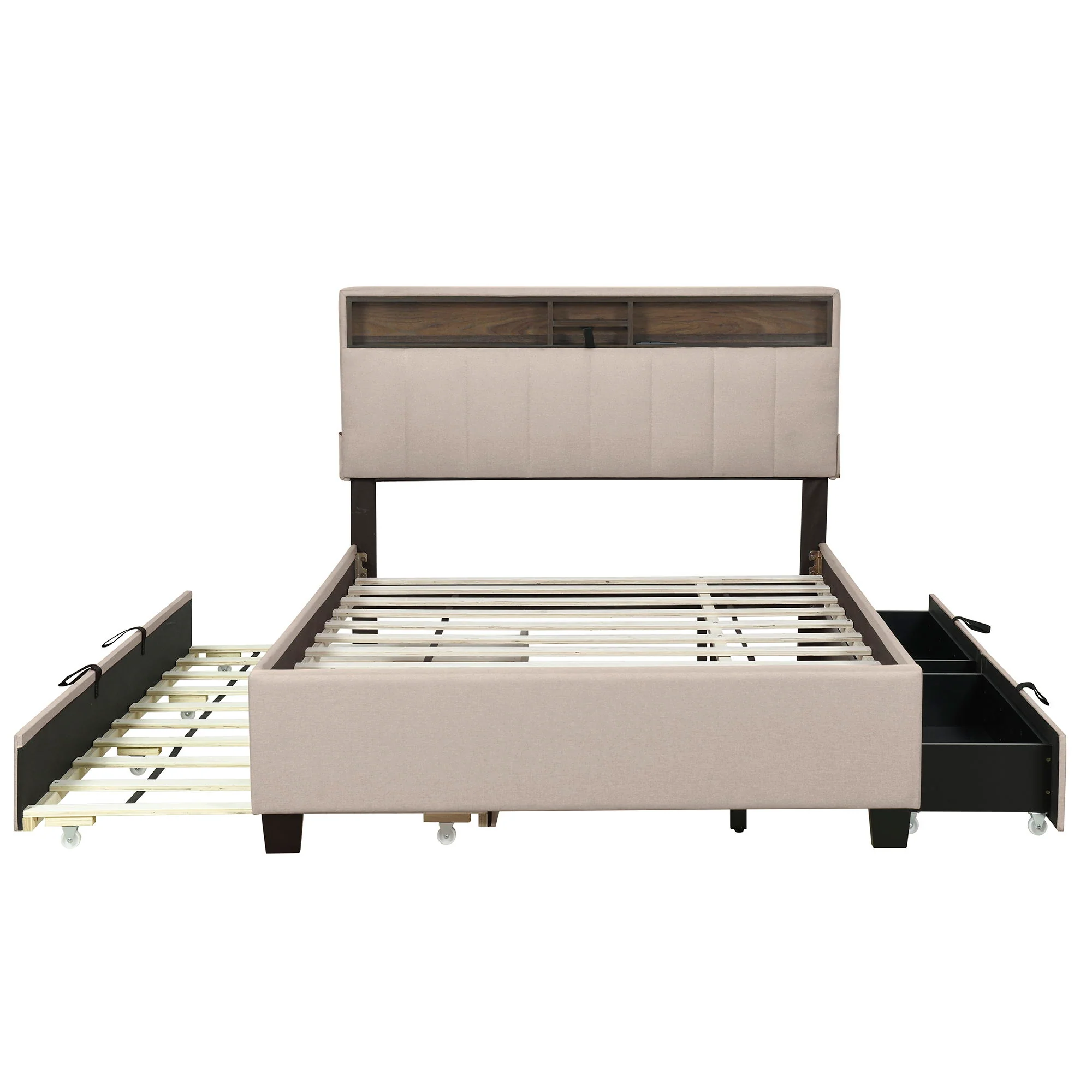 Upholstered Platform Bed With Storage Headboard, Trundle & 2 Drawers And A Set Of Sockets & USB Ports - Image 7