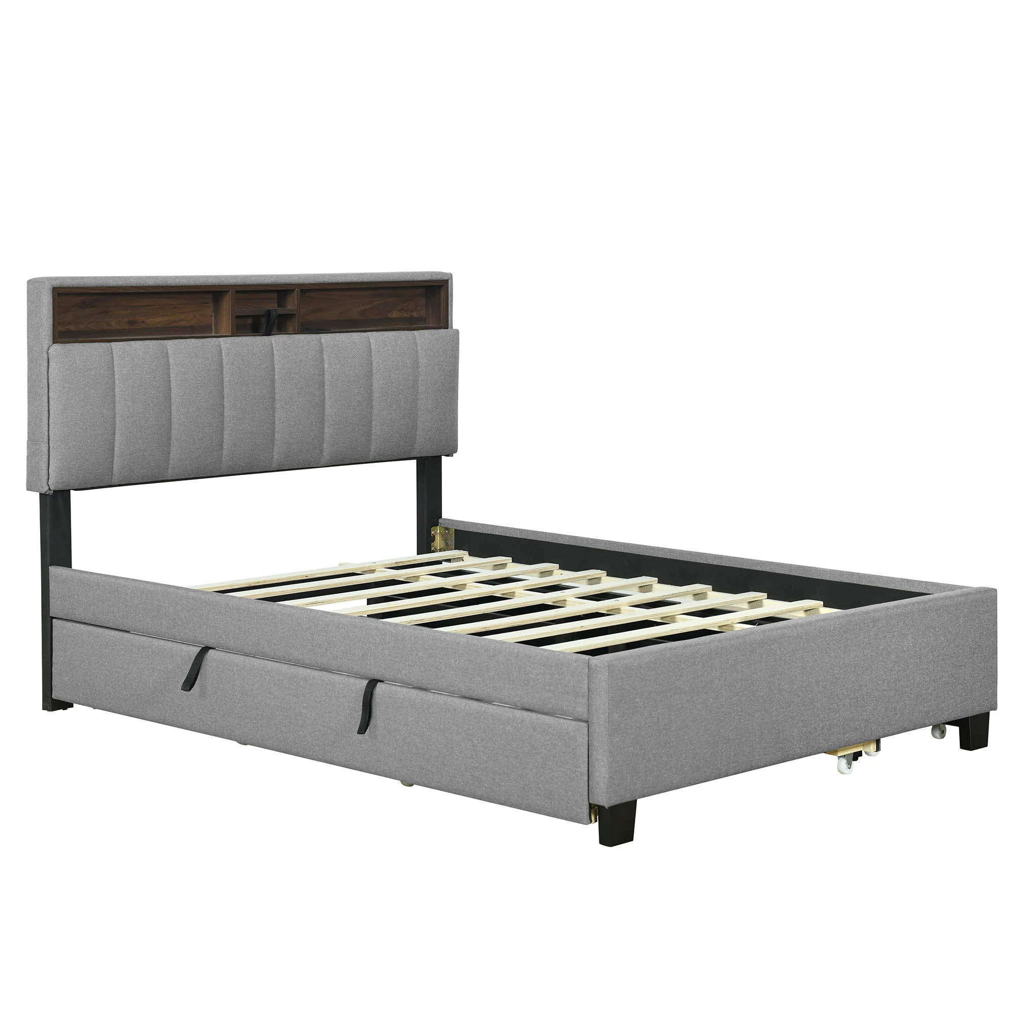 Upholstered Platform Bed With Storage Headboard, Trundle & 2 Drawers And A Set Of Sockets & USB Ports - Image 9