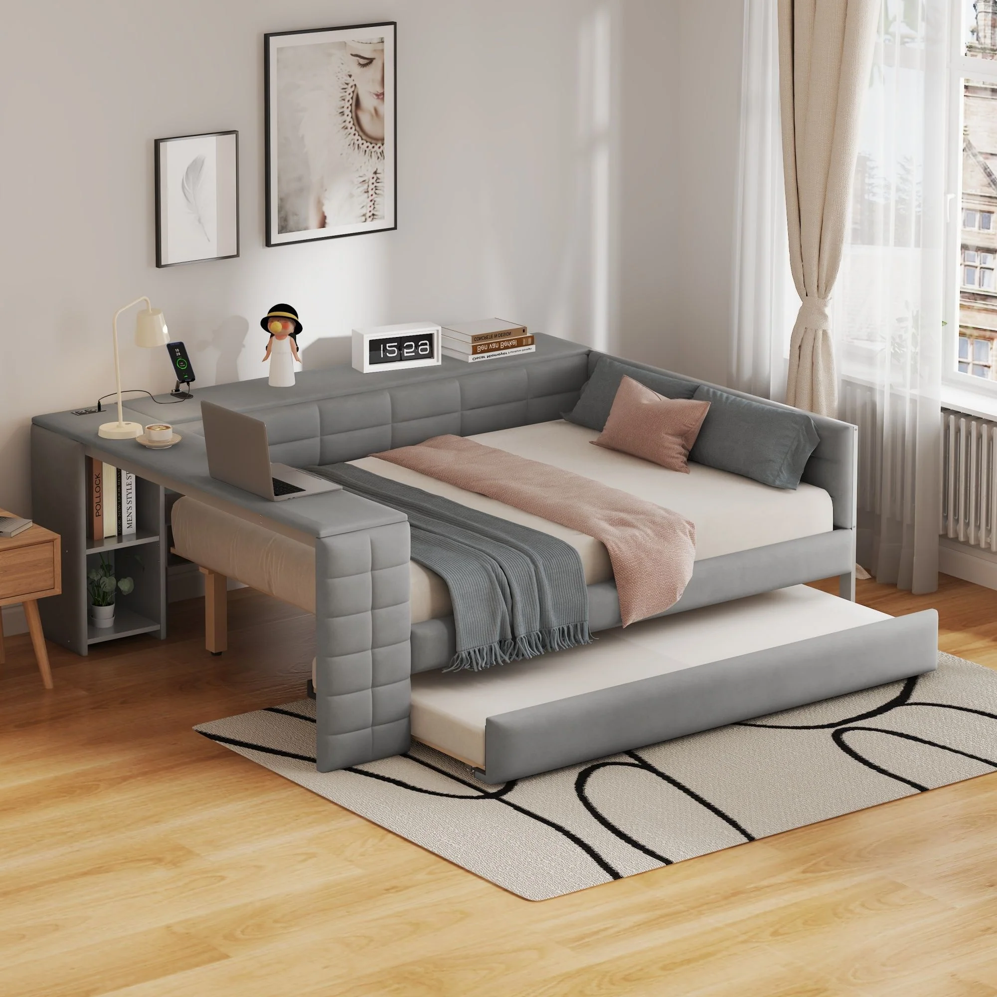 Upholstered Platform Bed With Storage Shelves, Desk, Charging Station And Trundle - Image 16