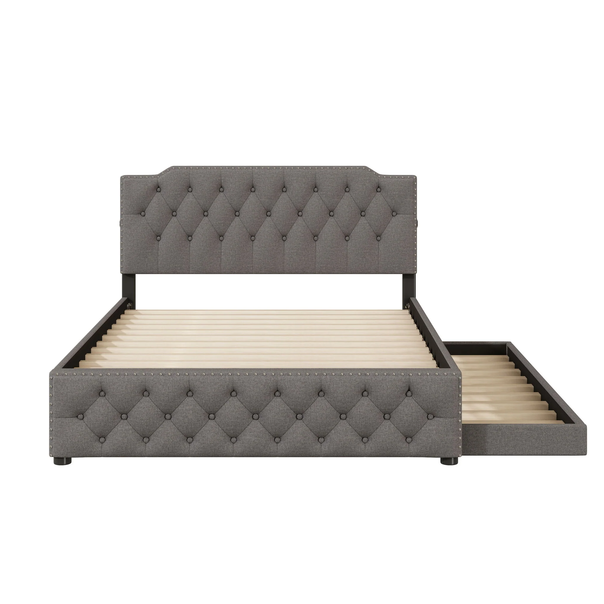 Upholstered Platform Bed With Trundle And 2 Sets Of USB Ports On Each Side, Fabric - Image 4